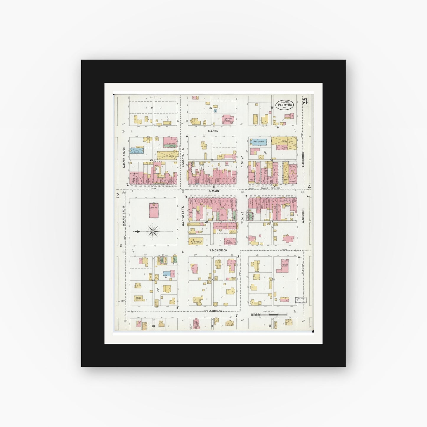 Old map wall art mockup — black gallery frame with white mat — Sanborn Fire Insurance Map from Palmyra, Marion County, Missouri (1899), Sheet #0003