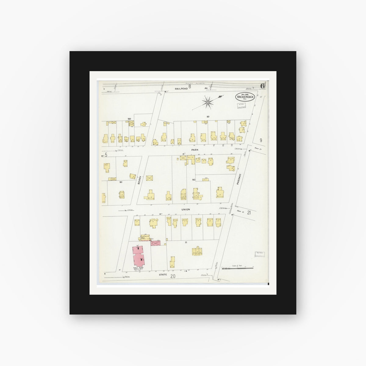 Old map wall art mockup — black gallery frame with white mat — Sanborn Fire Insurance Map from Hackensack, Bergen County, New Jersey (1908), Sheet #0006
