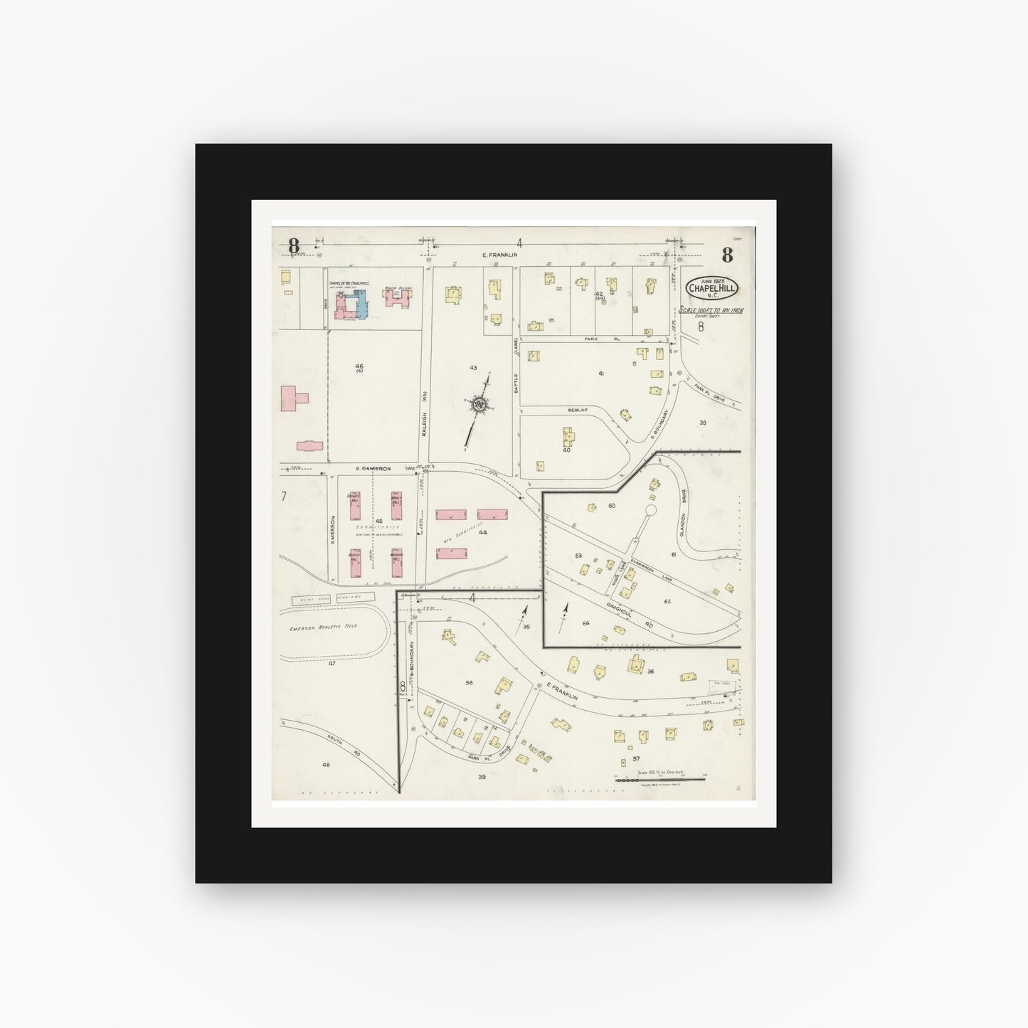Old map wall art mockup — black gallery frame with white mat — Sanborn Fire Insurance Map from Chapel Hill, Orange County, North Carolina (1925), Sheet #0008