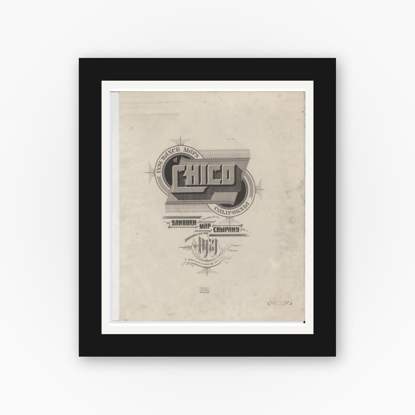 Old map wall art mockup — black gallery frame with white mat — Sanborn Fire Insurance Map from Chico, Butte County, California (1921), Sheet #0001