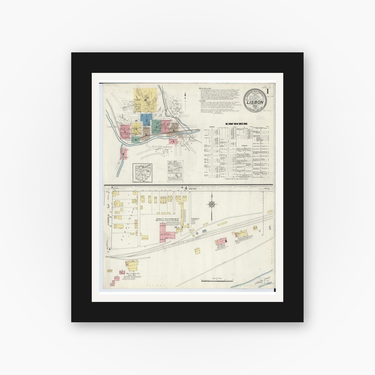 Old map wall art mockup — black gallery frame with white mat — Sanborn Fire Insurance Map from Lisbon, Columbiana County, Ohio (1915), Sheet #0001