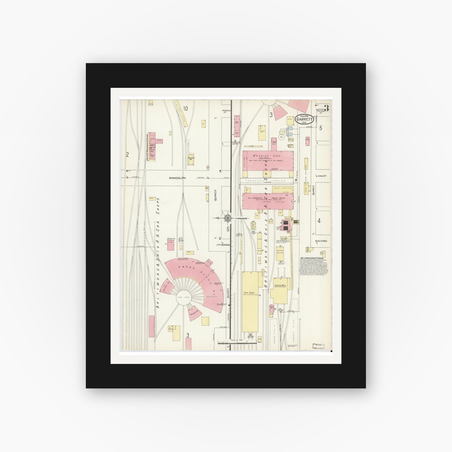 Old map wall art mockup — black gallery frame with white mat — Sanborn Fire Insurance Map from Garrett, De Kalb County, Indiana (1914), Sheet #0003