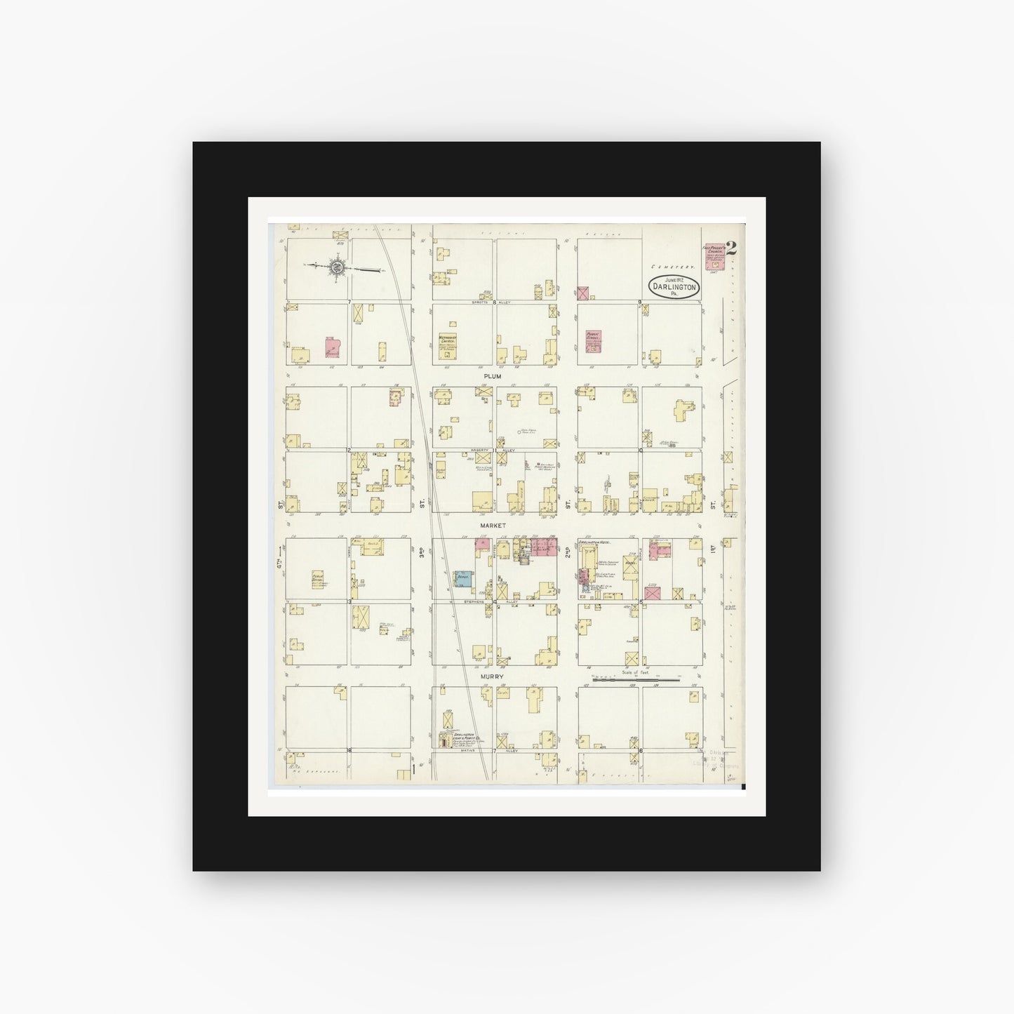 Old map wall art mockup — black gallery frame with white mat — Sanborn Fire Insurance Map from Darlington, Beaver County, Pennsylvania (1912), Sheet #0002