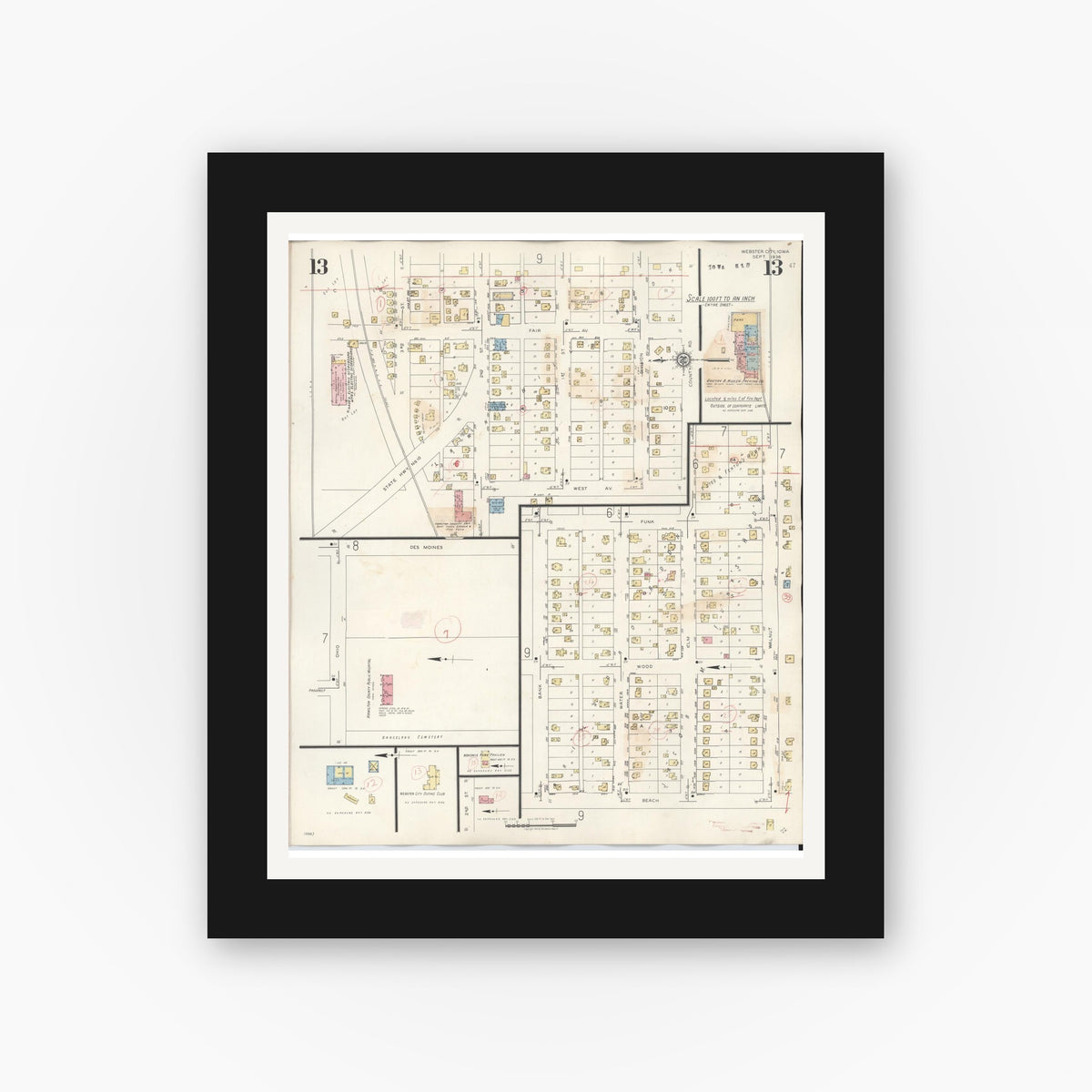 Old map wall art mockup — black gallery frame with white mat — Sanborn Fire Insurance Map from Webster City, Hamilton County, Iowa (1950), Sheet #0013