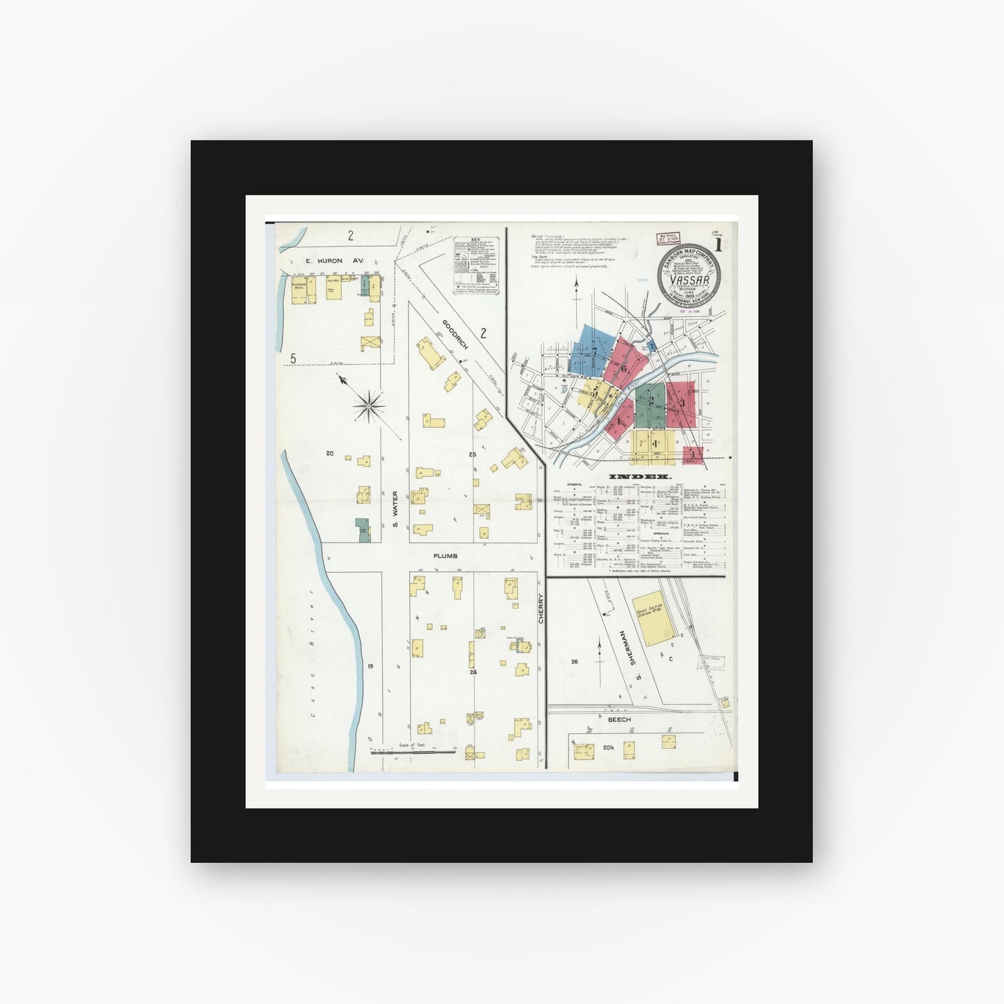 Old map wall art mockup — black gallery frame with white mat — Sanborn Fire Insurance Map from Vassar, Tuscola County, Michigan (1909) - Complete Map Set