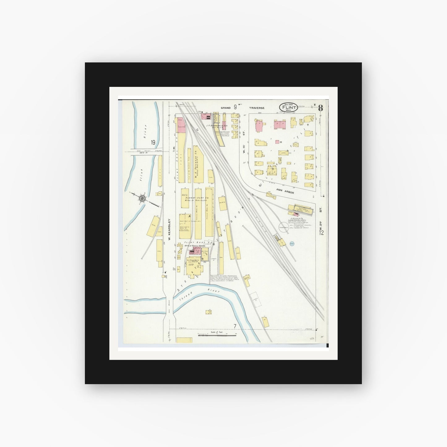 Old map wall art mockup — black gallery frame with white mat — Sanborn Fire Insurance Map from Flint, Genesee County, Michigan (1909), Sheet #0008
