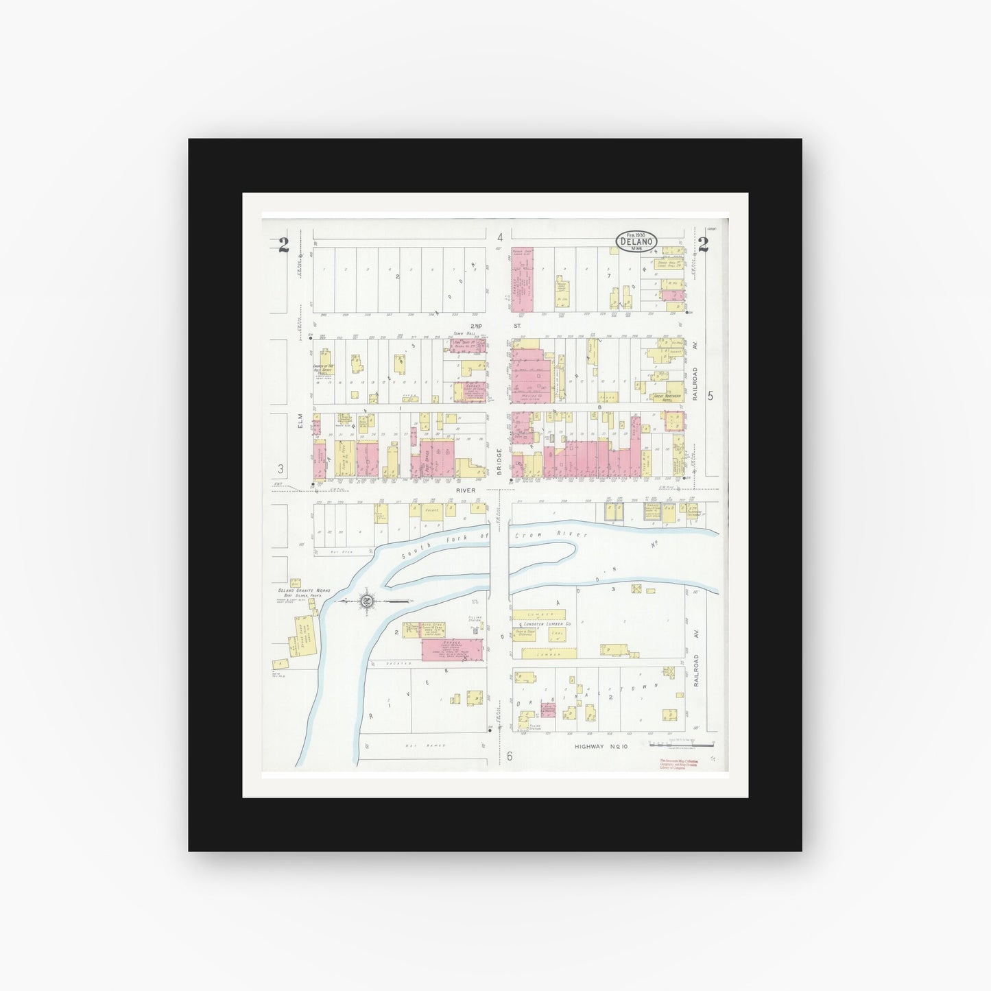 Old map wall art mockup — black gallery frame with white mat — Sanborn Fire Insurance Map from Delano, Wright County, Minnesota (1930), Sheet #0002