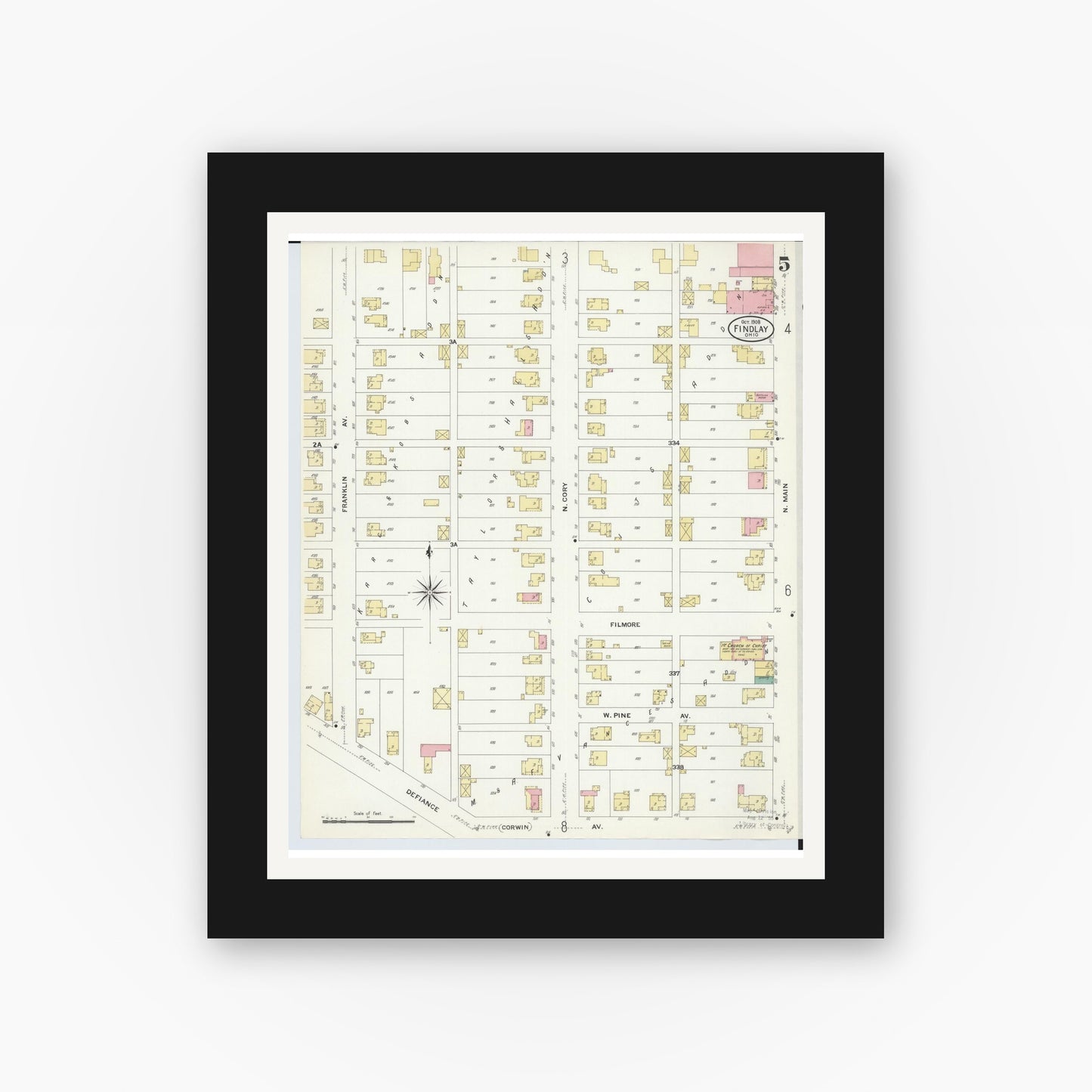 Old map wall art mockup — black gallery frame with white mat — Sanborn Fire Insurance Map from Findlay, Hancock County, Ohio (1908), Sheet #0005