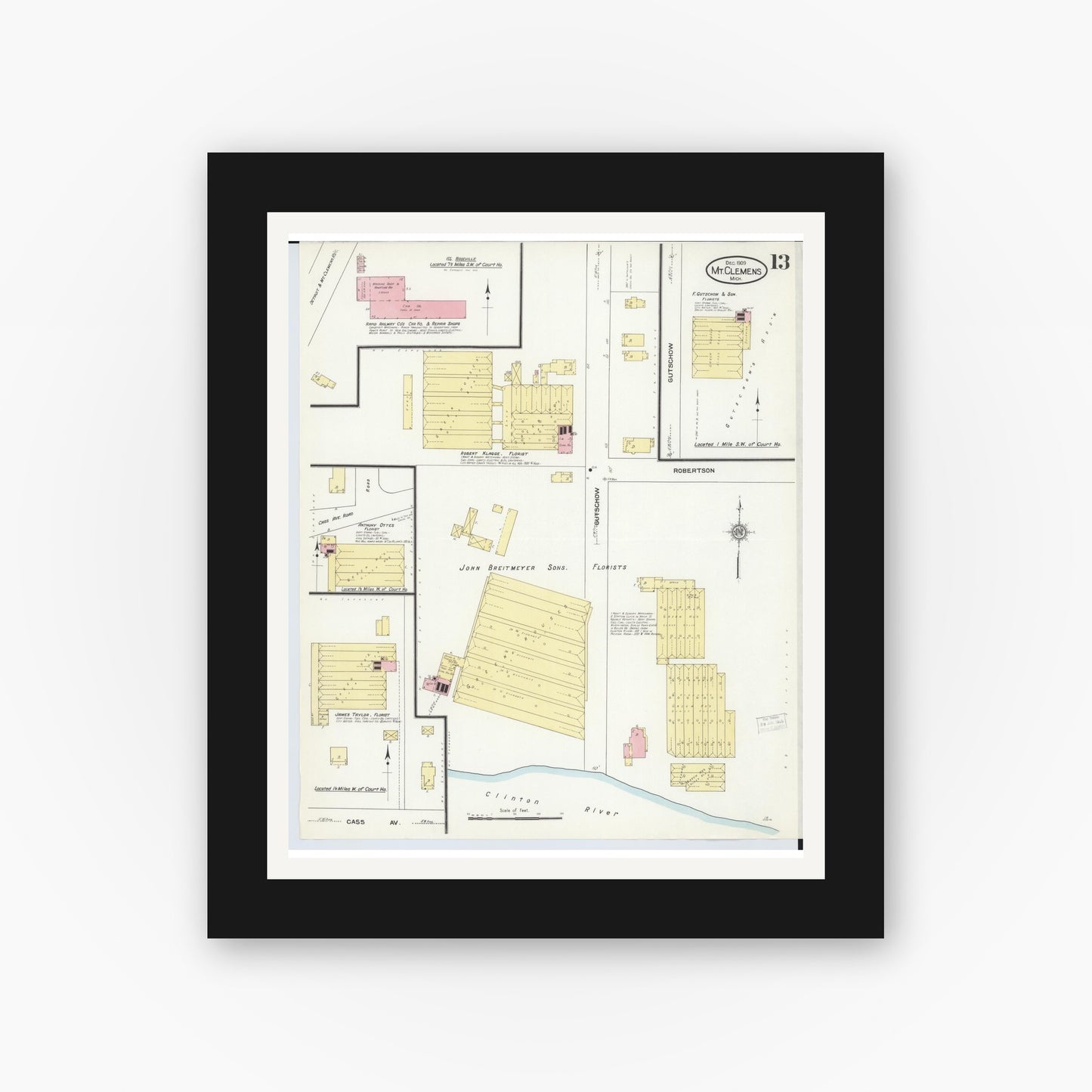 Old map wall art mockup — black gallery frame with white mat — Sanborn Fire Insurance Map from Mount Clemens, Macomb County, Michigan (1909), Sheet #0013