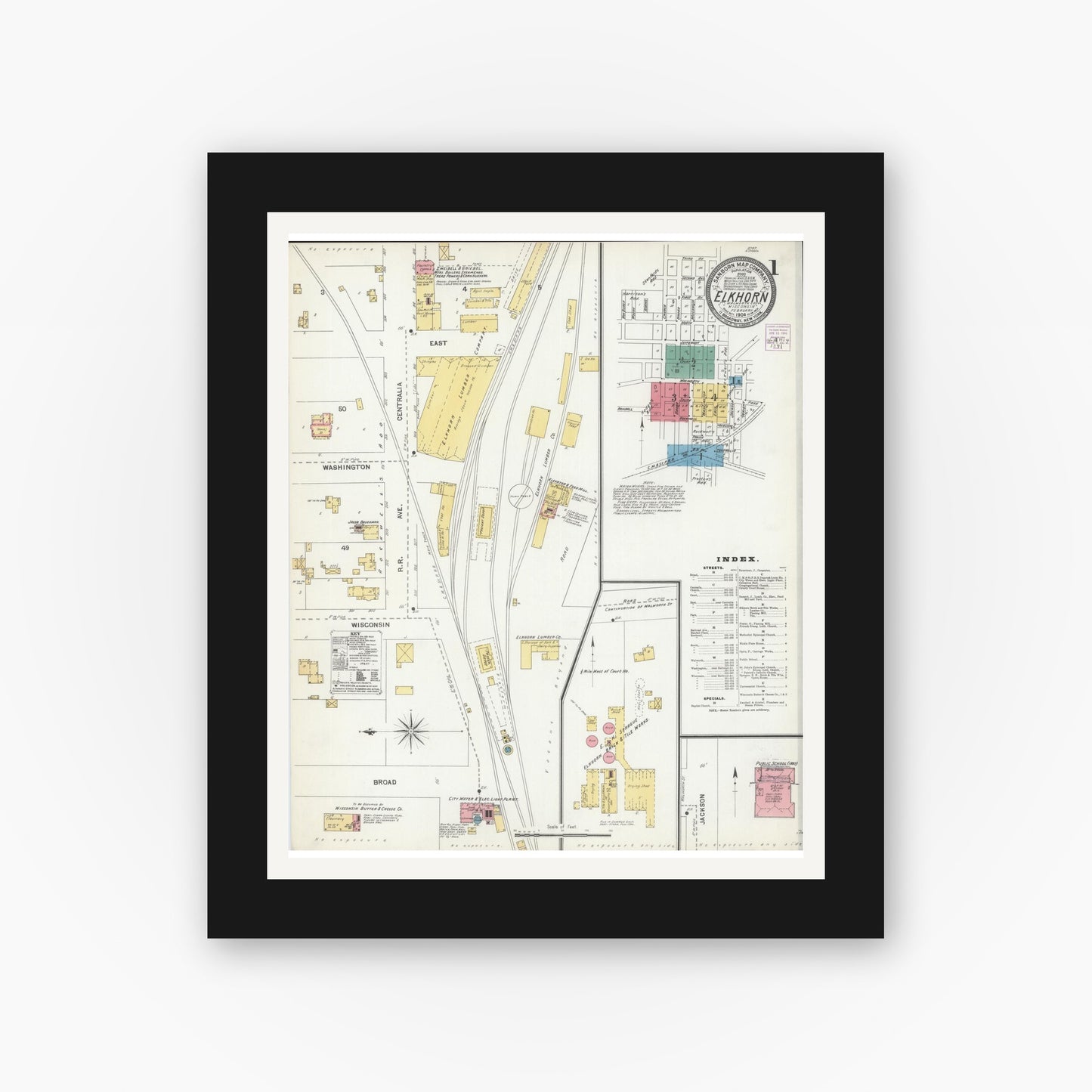 Old map wall art mockup — black gallery frame with white mat — Sanborn Fire Insurance Map from Elkhorn, Walworth County, Wisconsin (1904), Sheet #0001