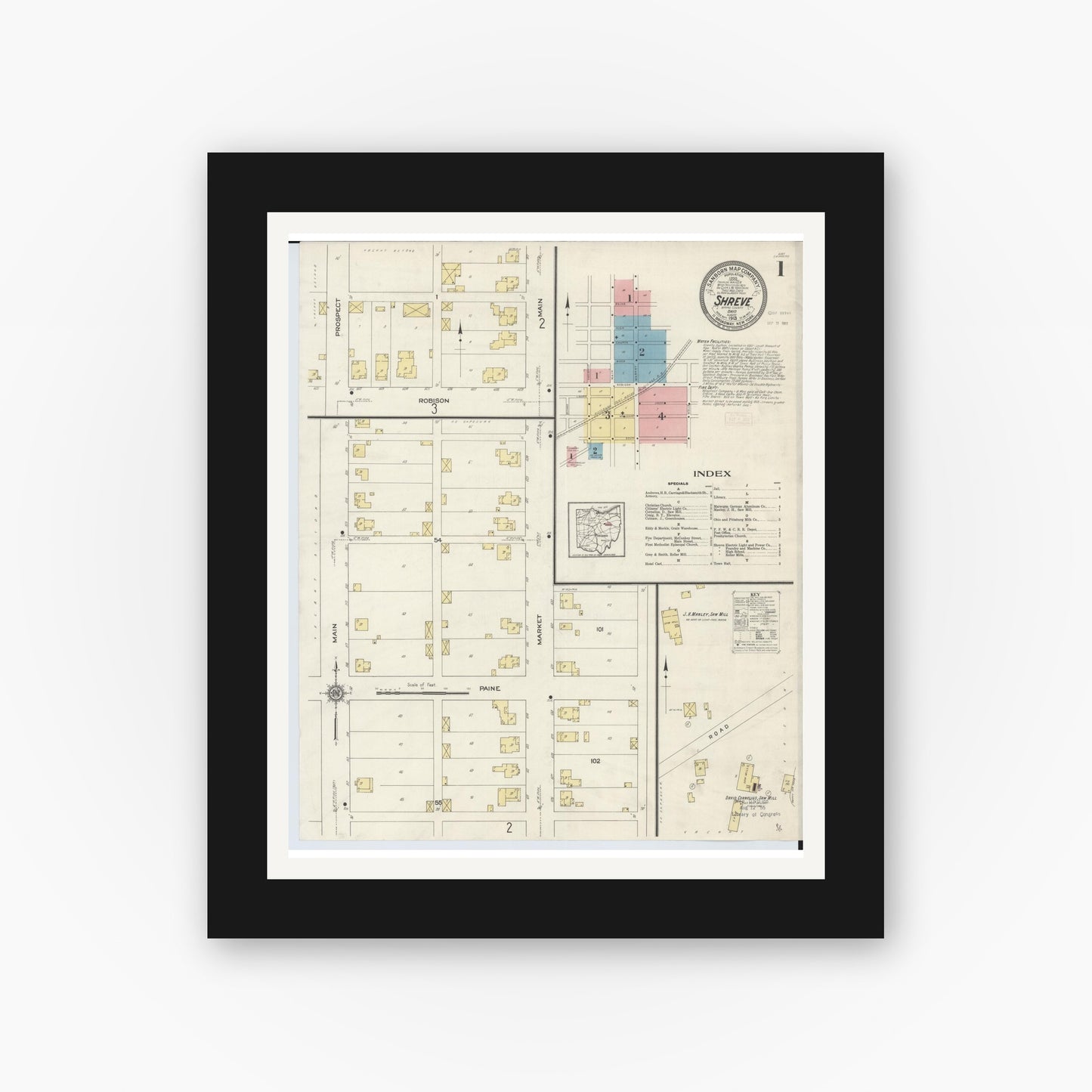 Old map wall art mockup — black gallery frame with white mat — Sanborn Fire Insurance Map from Shreve, Wayne County, Ohio (1913) - Complete Map Set