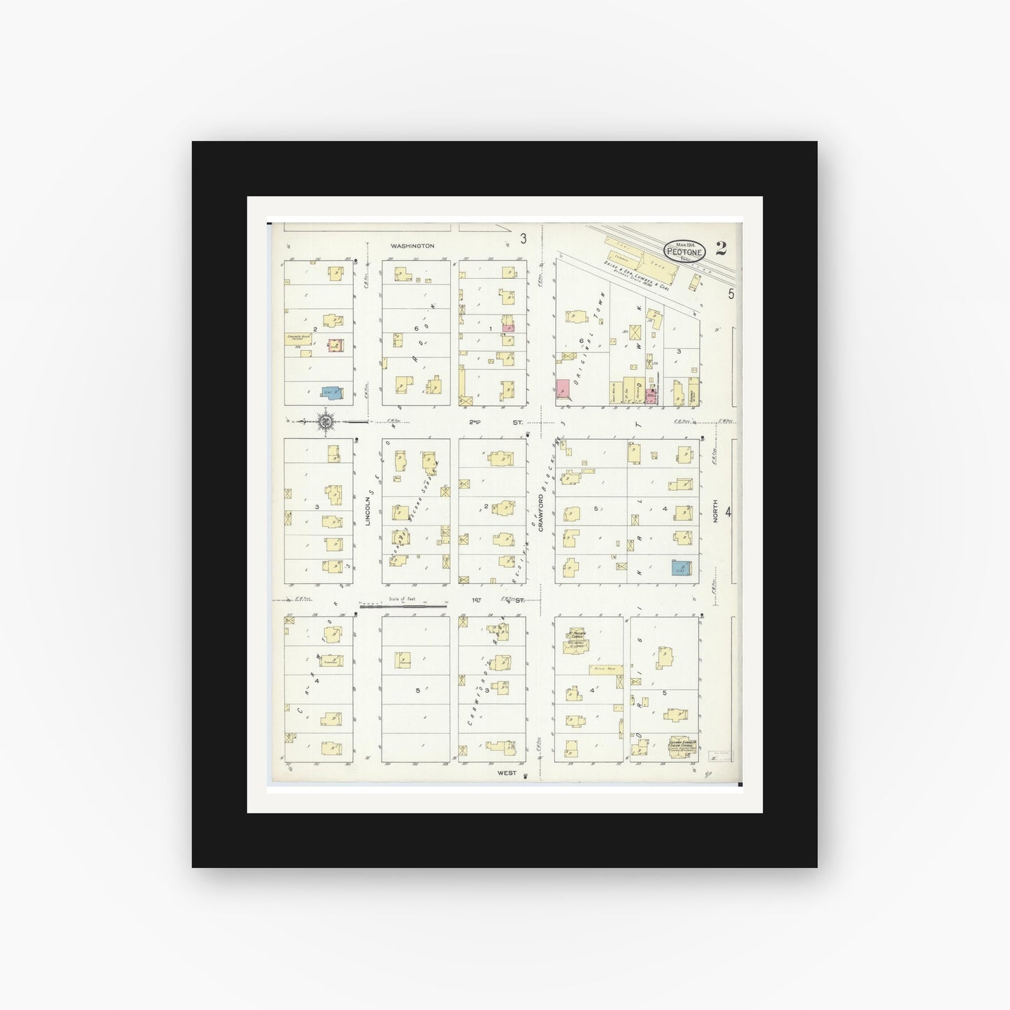 Old map wall art mockup — black gallery frame with white mat — Sanborn Fire Insurance Map from Peotone, Will County, Illinois (1914), Sheet #0002