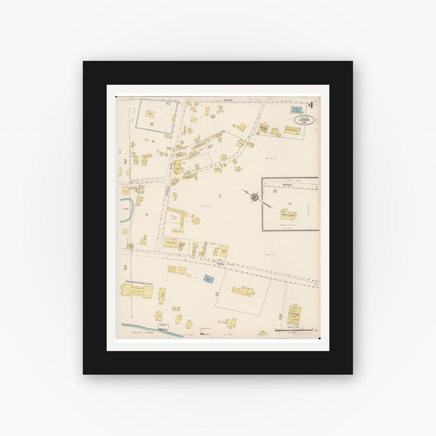 Old map wall art mockup — black gallery frame with white mat — Sanborn Fire Insurance Map from Lahaina, Maui County, Hawaii (1914), Sheet #0004