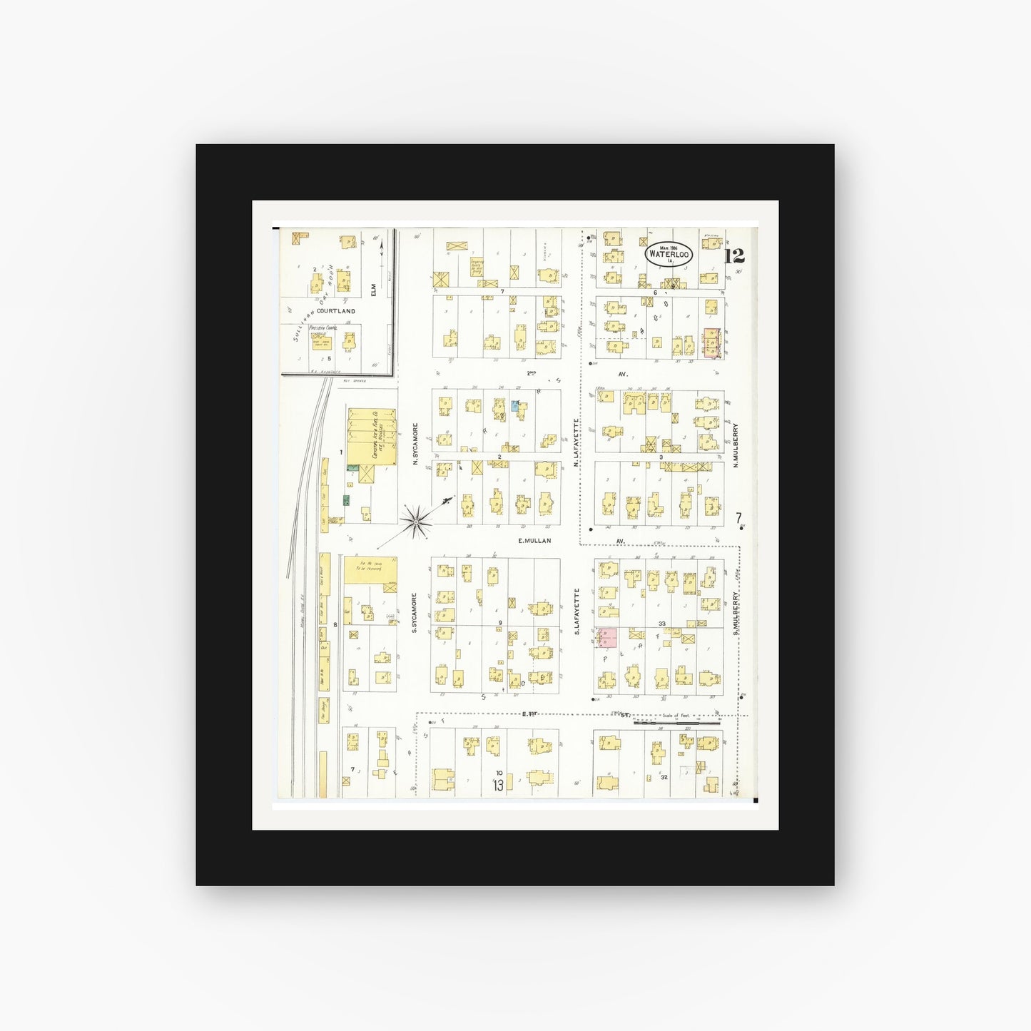 Old map wall art mockup — black gallery frame with white mat — Sanborn Fire Insurance Map from Waterloo, Black Hawk County, Iowa (1906), Sheet #0012