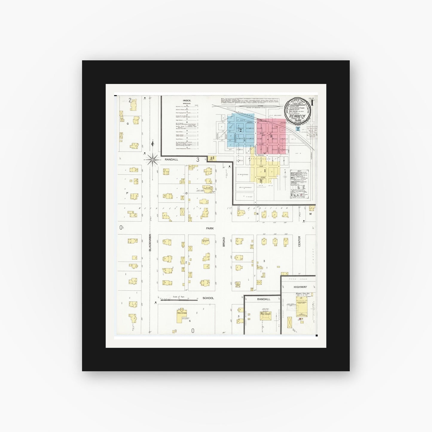 Old map wall art mockup — black gallery frame with white mat — Sanborn Fire Insurance Map from Reinbeck, Grundy County, Iowa (1900) — Complete Set