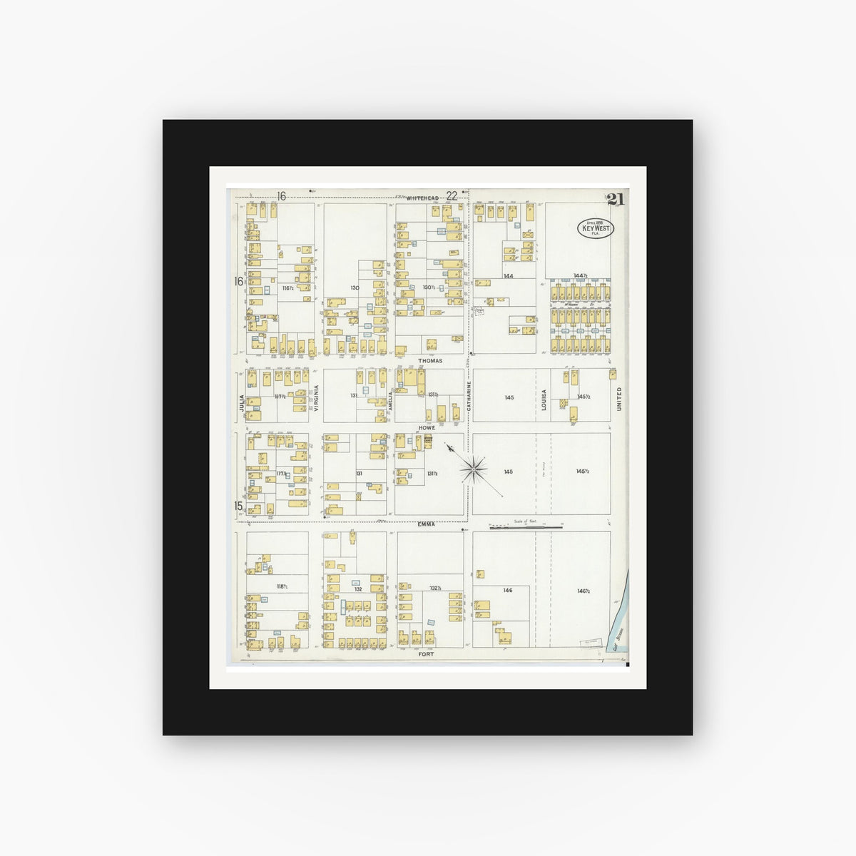 Old map wall art mockup — black gallery frame with white mat — Sanborn Fire Insurance Map from Key West, Monroe County, Florida (1899), Sheet #0021