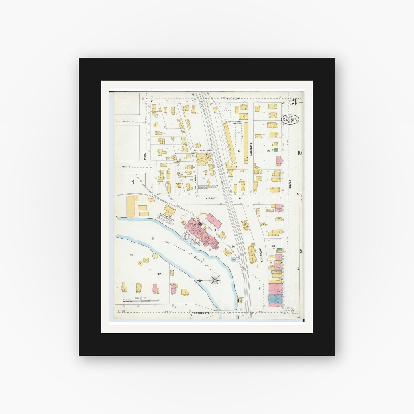 Old map wall art mockup — black gallery frame with white mat — Sanborn Fire Insurance Map from Elyria, Lorain County, Ohio (1904), Sheet #0003