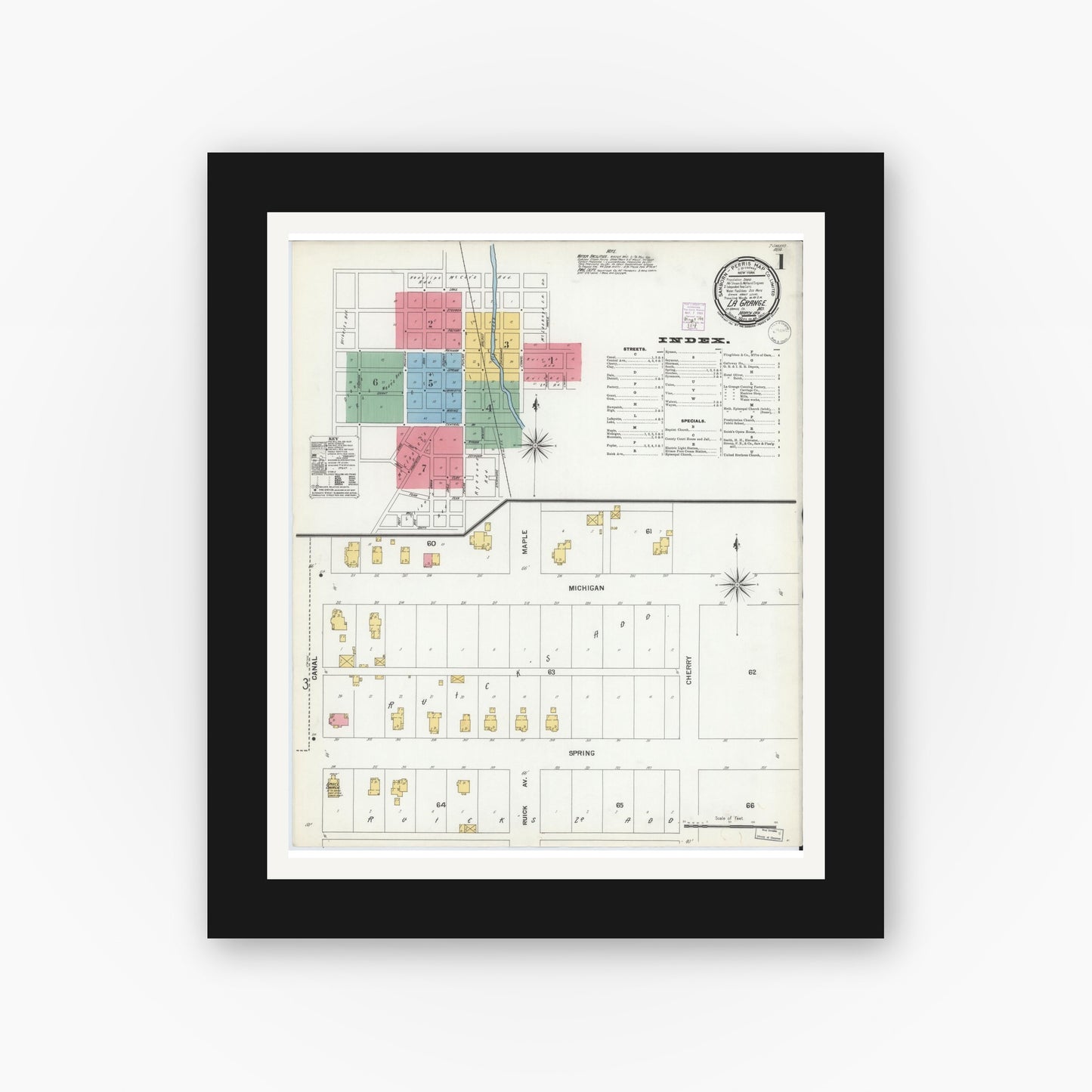 Old map wall art mockup — black gallery frame with white mat — Sanborn Fire Insurance Map from Lagrange, LaGrange County, Indiana (1901), Sheet #0001