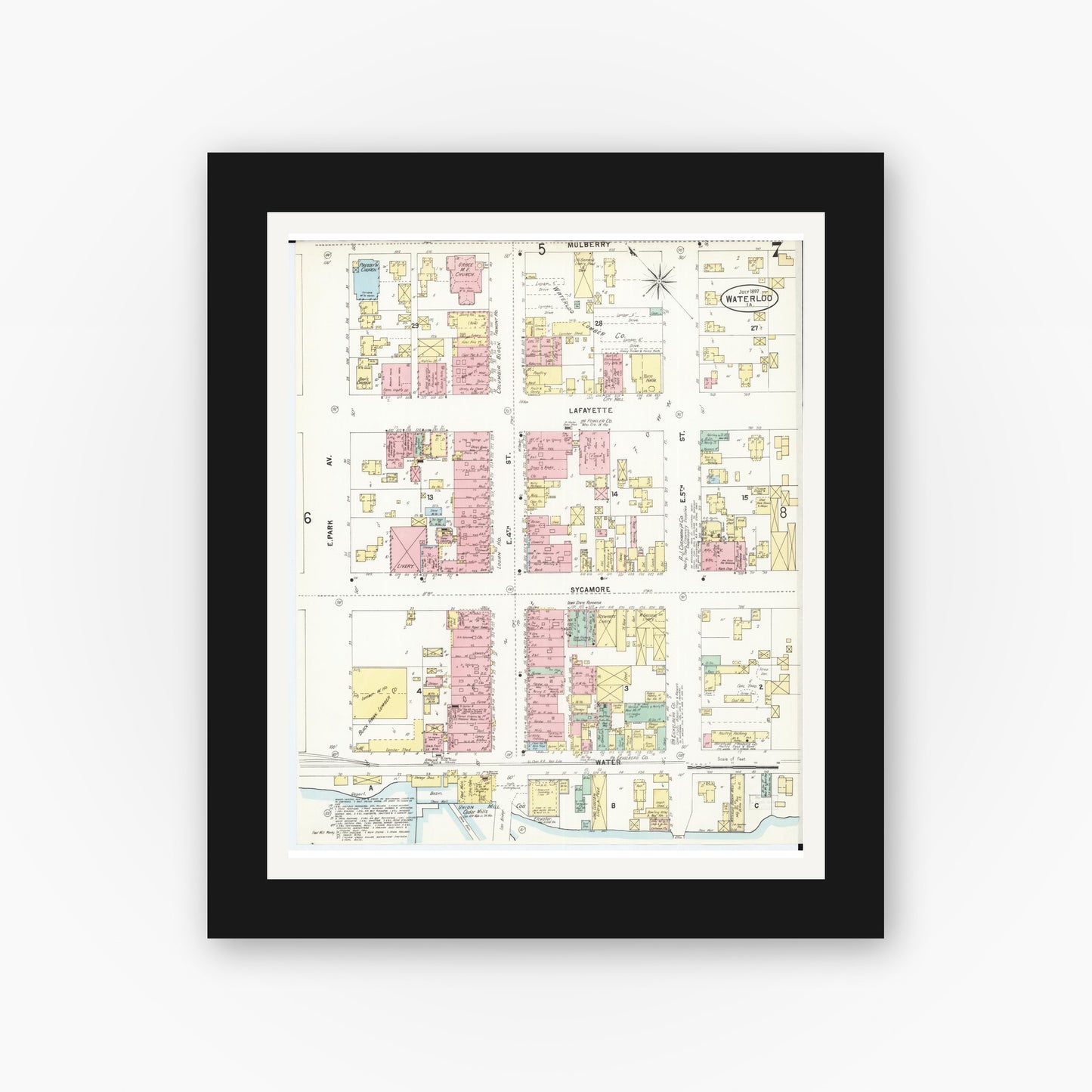 Old map wall art mockup — black gallery frame with white mat — Sanborn Fire Insurance Map from Waterloo, Black Hawk County, Iowa (1897), Sheet #0007