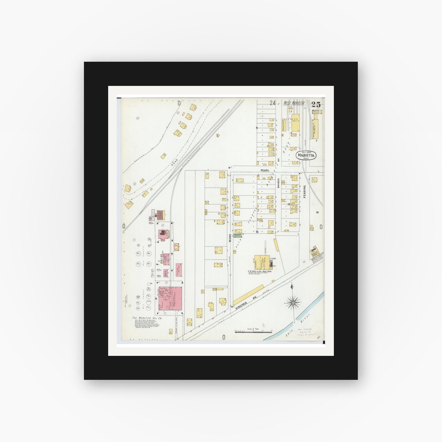 Old map wall art mockup — black gallery frame with white mat — Sanborn Fire Insurance Map from Marietta, Washington County, Ohio (1900), Sheet #0025