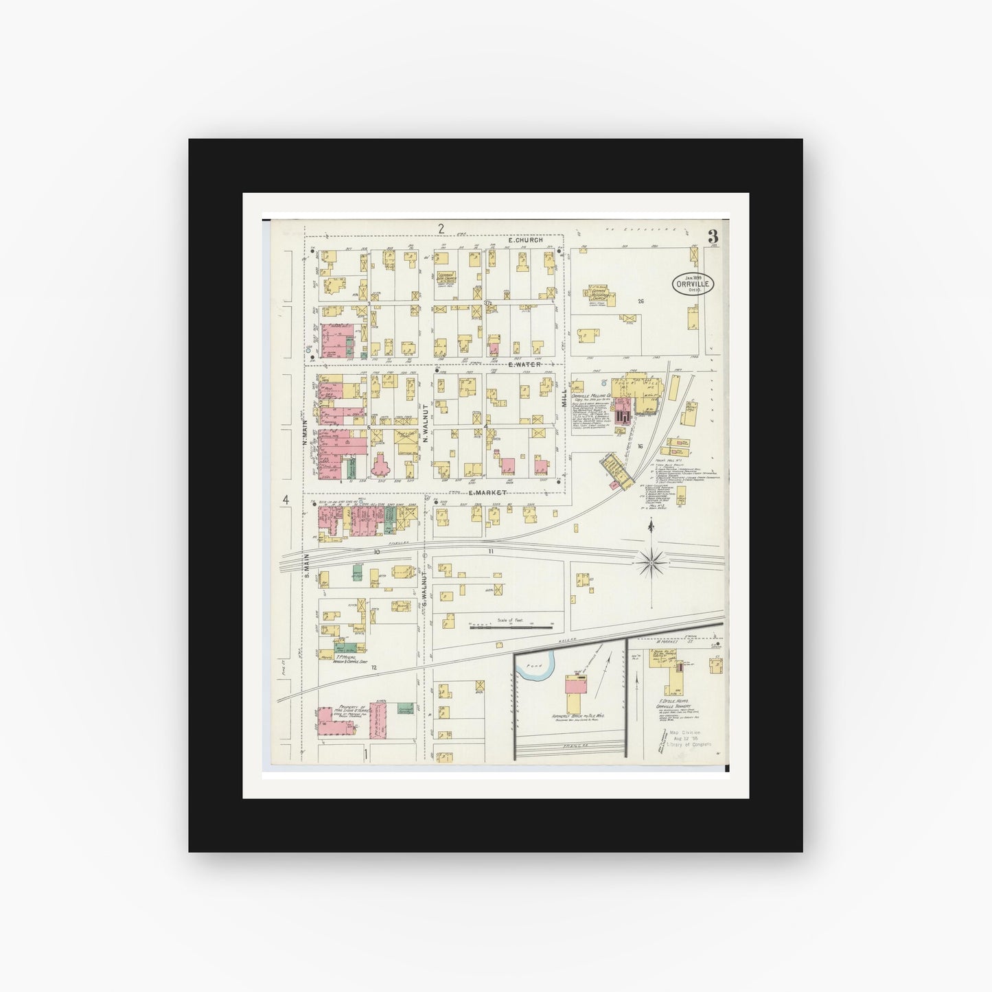 Old map wall art mockup — black gallery frame with white mat — Sanborn Fire Insurance Map from Orrville, Wayne County, Ohio (1899), Sheet #0003