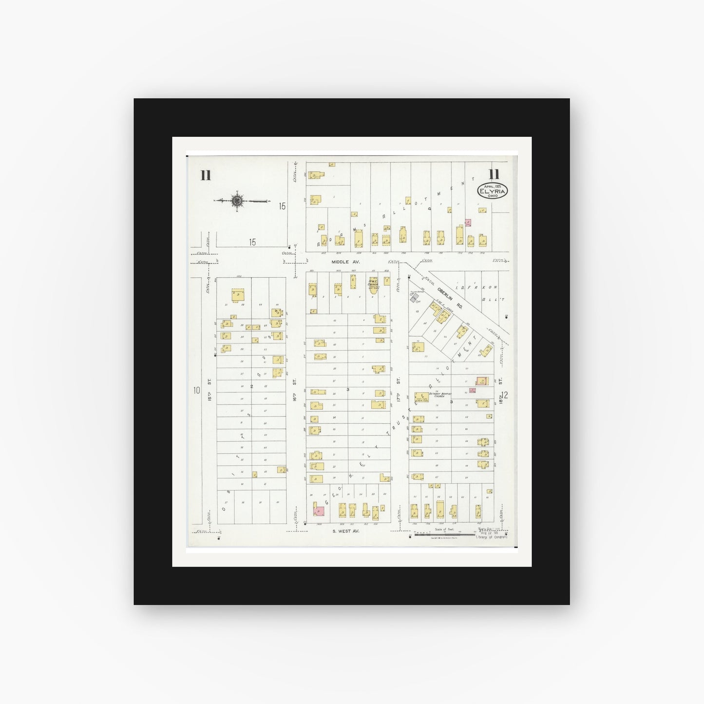 Old map wall art mockup — black gallery frame with white mat — Sanborn Fire Insurance Map from Elyria, Lorain County, Ohio (1925), Sheet #0011