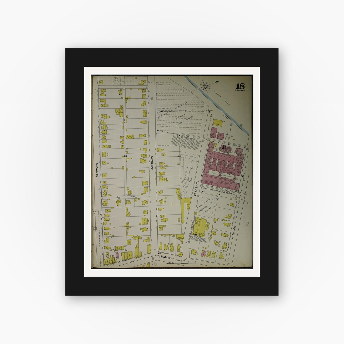Old map wall art mockup — black gallery frame with white mat — Sanborn Fire Insurance Map from Akron, Summit County, Ohio (1892), Sheet #0018