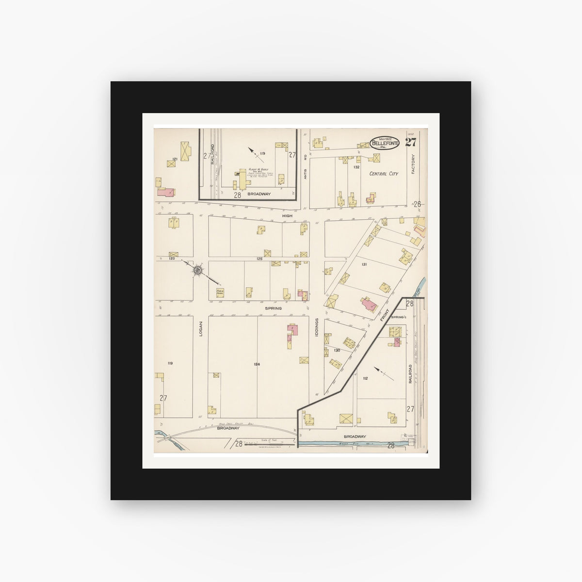 Old map wall art mockup — black gallery frame with white mat — Sanborn Fire Insurance Map from Bellefonte, Centre County, Pennsylvania (1922), Sheet #0027