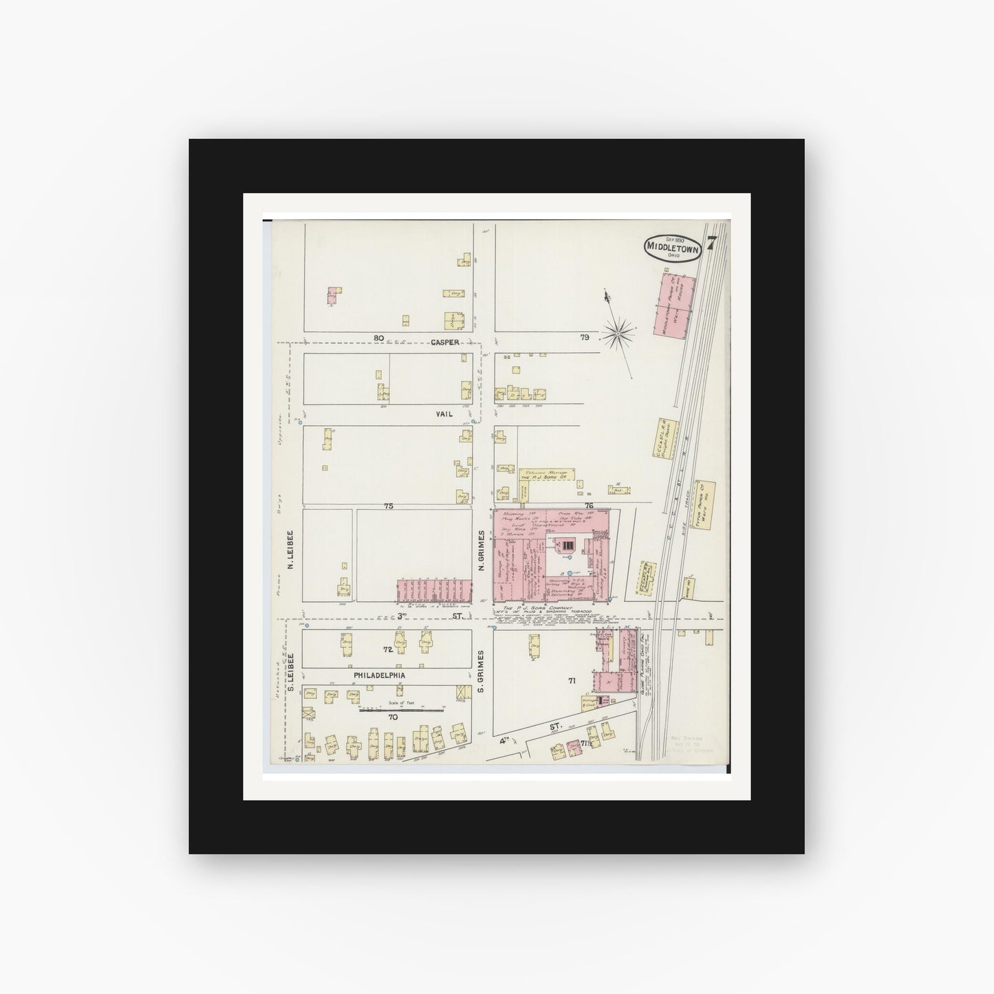 Old map wall art mockup — black gallery frame with white mat — Sanborn Fire Insurance Map from Middletown, Butler County, Ohio (1890), Sheet #0007