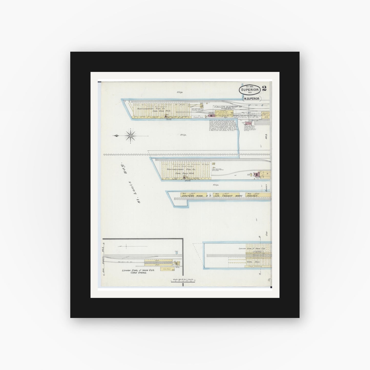 Old map wall art mockup — black gallery frame with white mat — Sanborn Fire Insurance Map from Superior, Douglas County, Wisconsin (1889), Sheet #0002