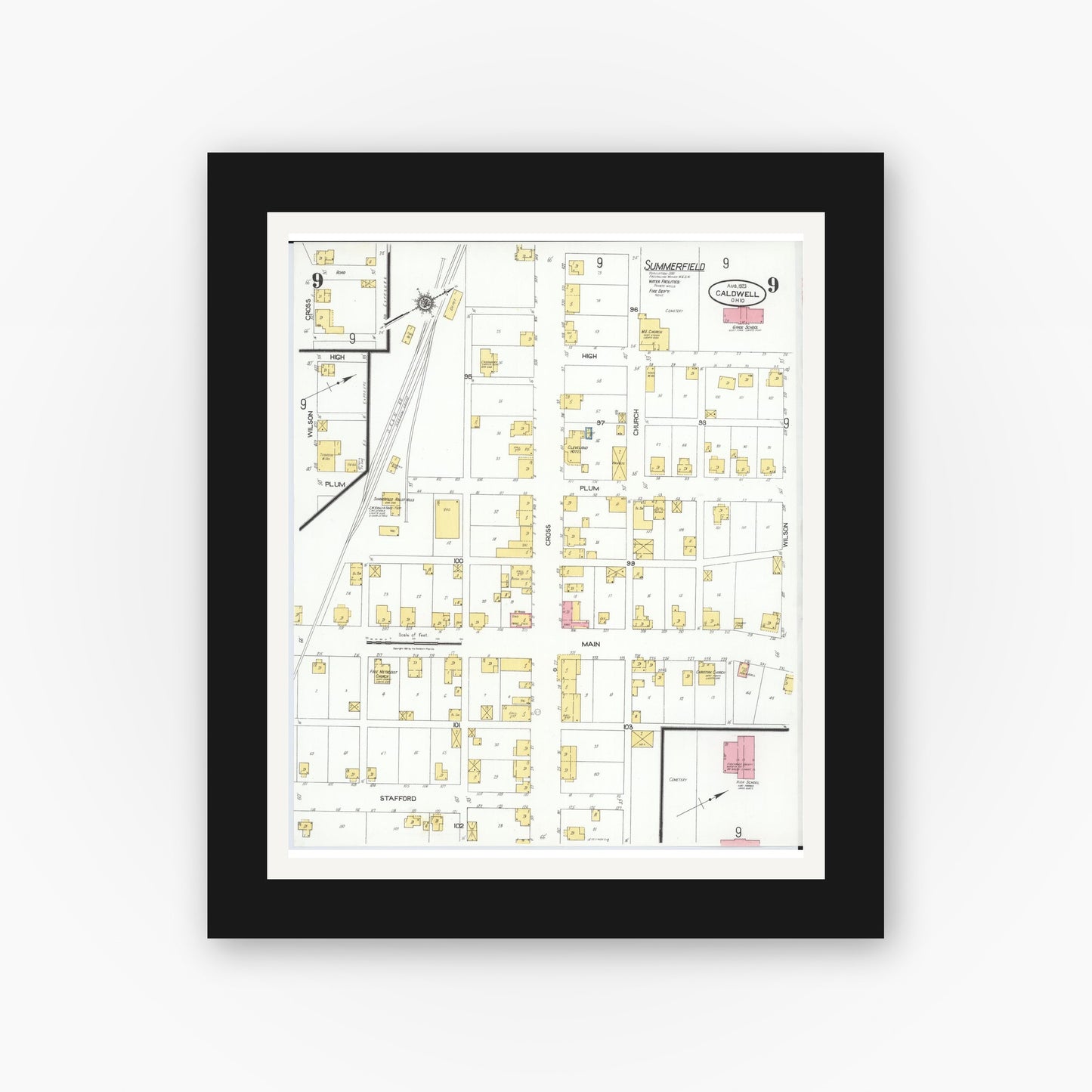 Old map wall art mockup — black gallery frame with white mat — Sanborn Fire Insurance Map from Caldwell, Noble County, Ohio (1923), Sheet #0009