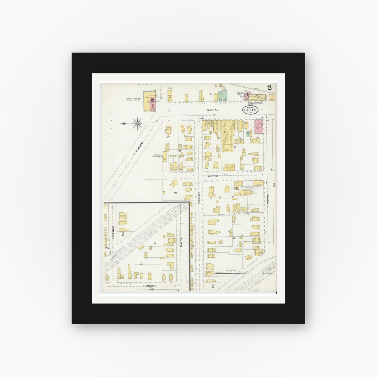 Old map wall art mockup — black gallery frame with white mat — Sanborn Fire Insurance Map from Olean, Cattaraugus County, New York (1898) - Complete Map Set