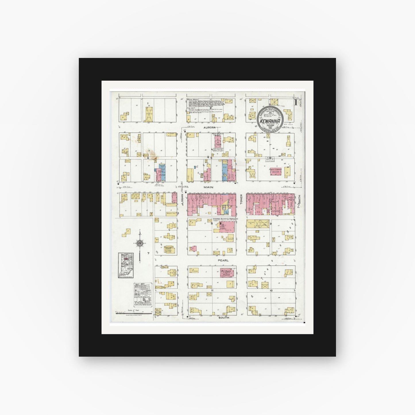 Old map wall art mockup — black gallery frame with white mat — Sanborn Fire Insurance Map from Kewanna, Fulton County, Indiana (1920) - Complete Map Set