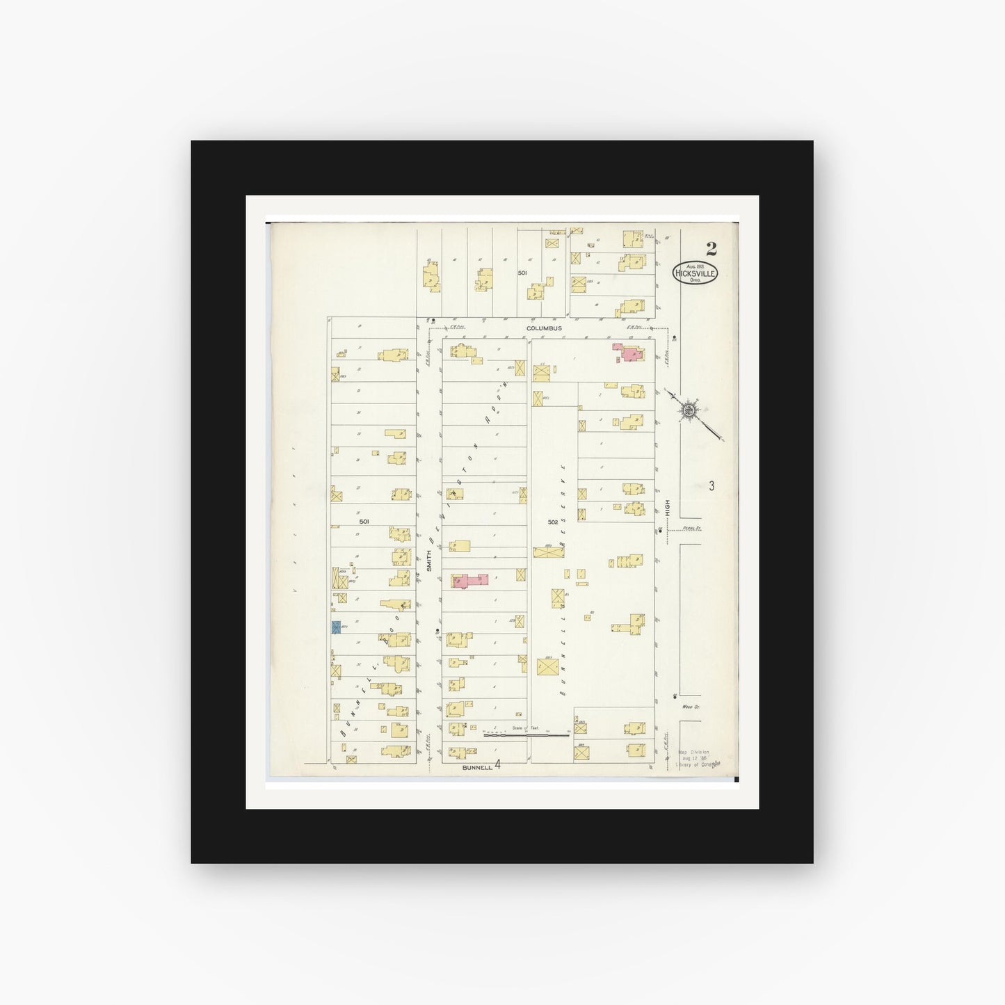 Old map wall art mockup — black gallery frame with white mat — Sanborn Fire Insurance Map from Hicksville, Defiance County, Ohio (1913), Sheet #0002