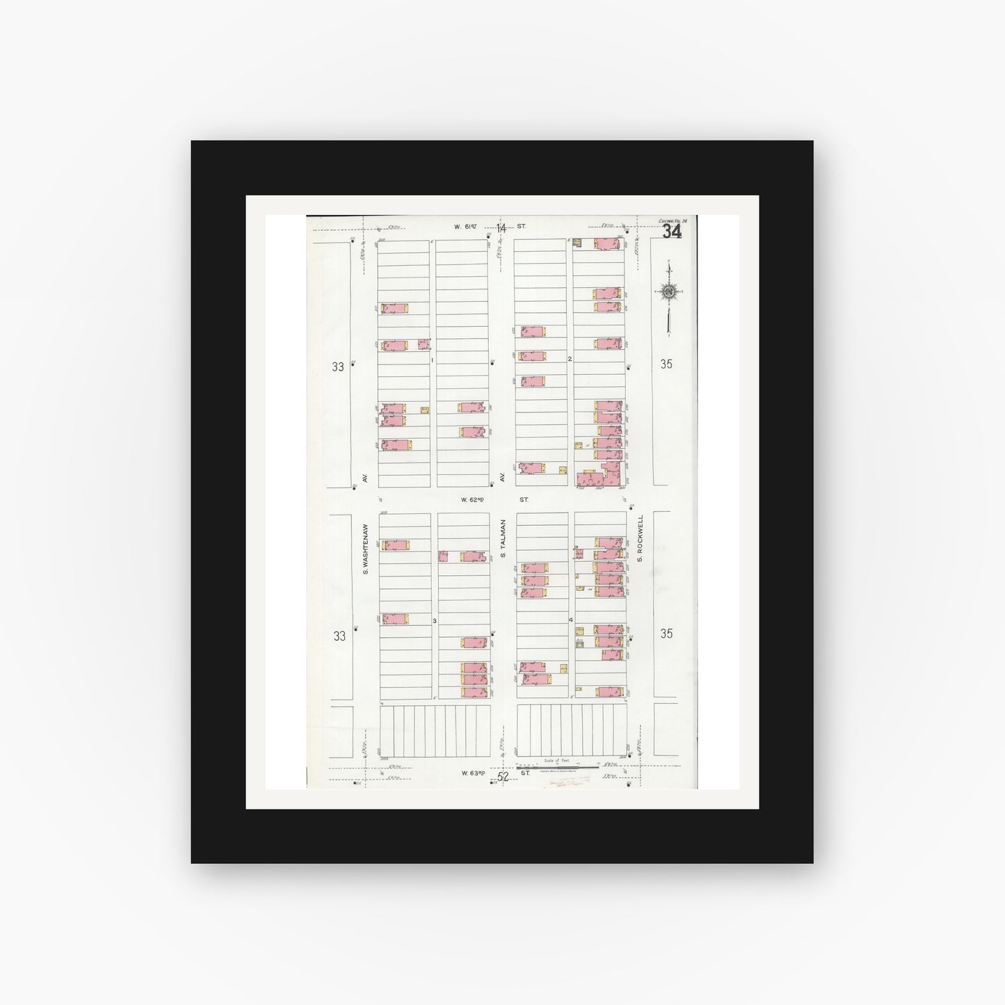 Old map wall art mockup — black gallery frame with white mat — Sanborn Fire Insurance Map from Chicago, Cook County, Illinois (1920), Sheet #0034