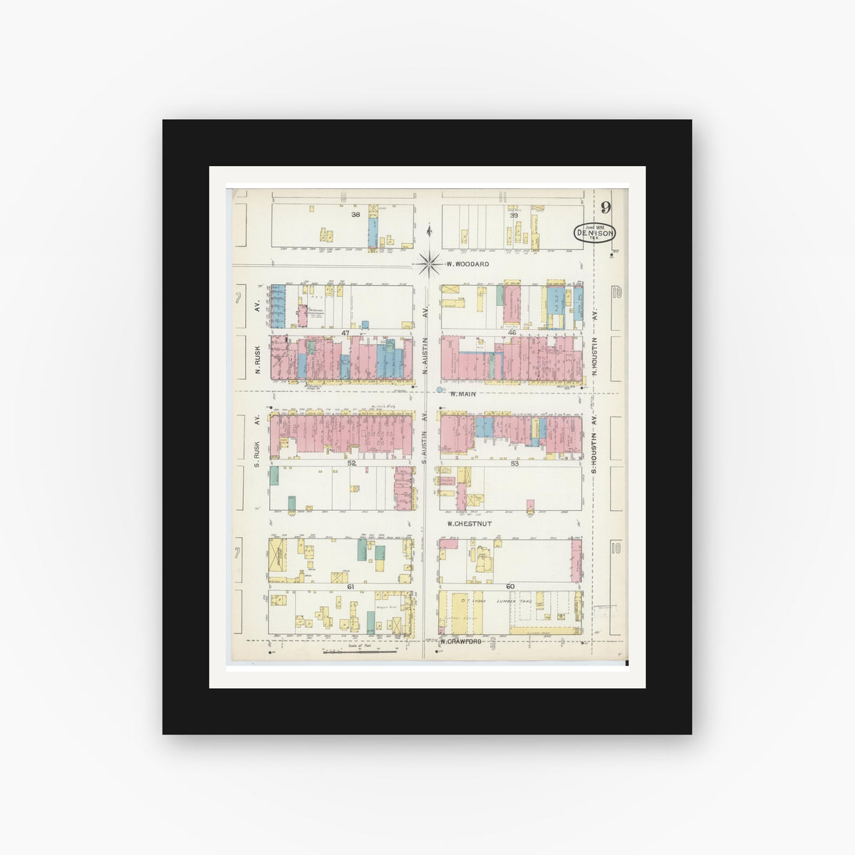 Old map wall art mockup — black gallery frame with white mat — Sanborn Fire Insurance Map from Denison, Grayson County, Texas (1892), Sheet #0009