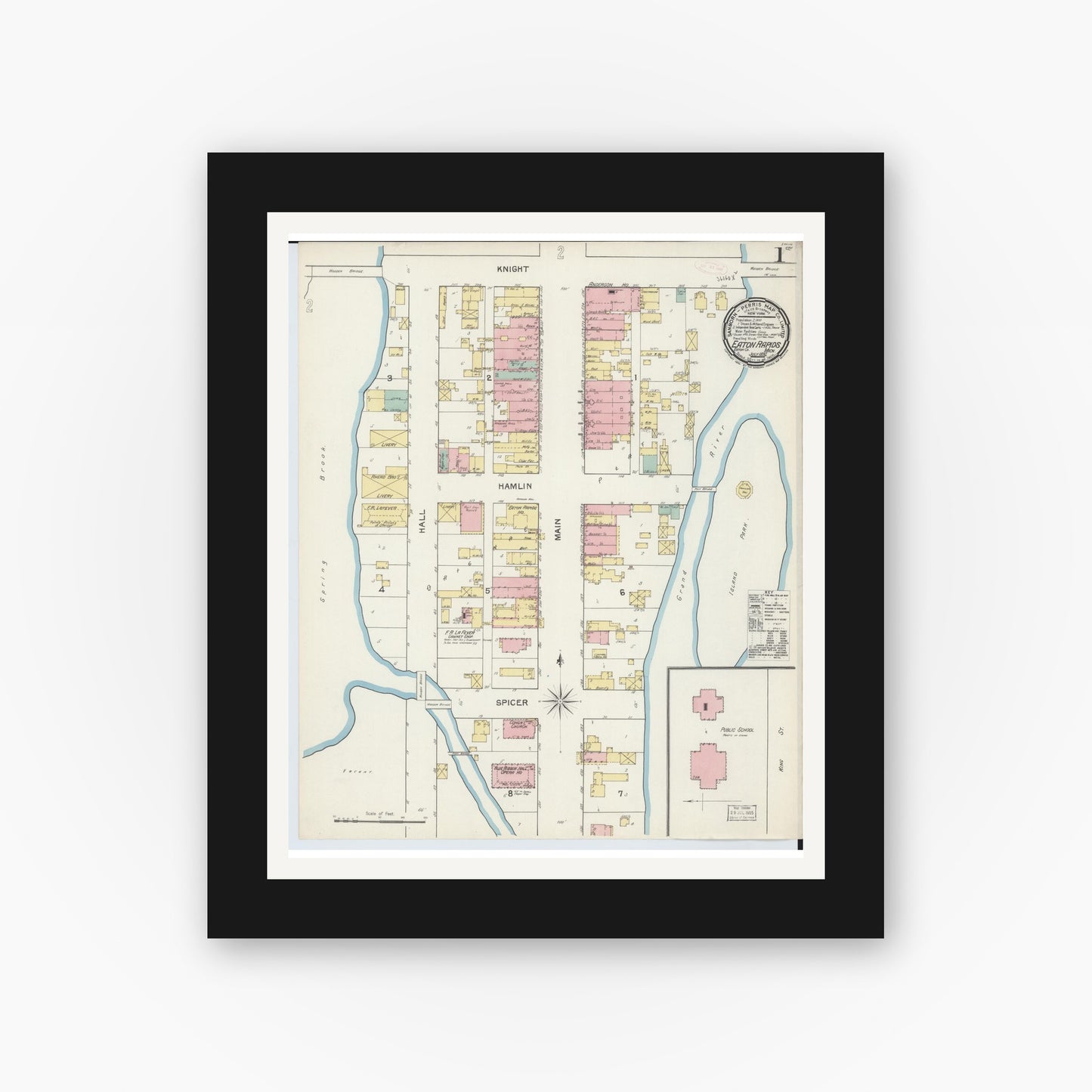 Old map wall art mockup — black gallery frame with white mat — Sanborn Fire Insurance Map from Eaton Rapids, Eaton County, Michigan (1892) - Complete Map Set