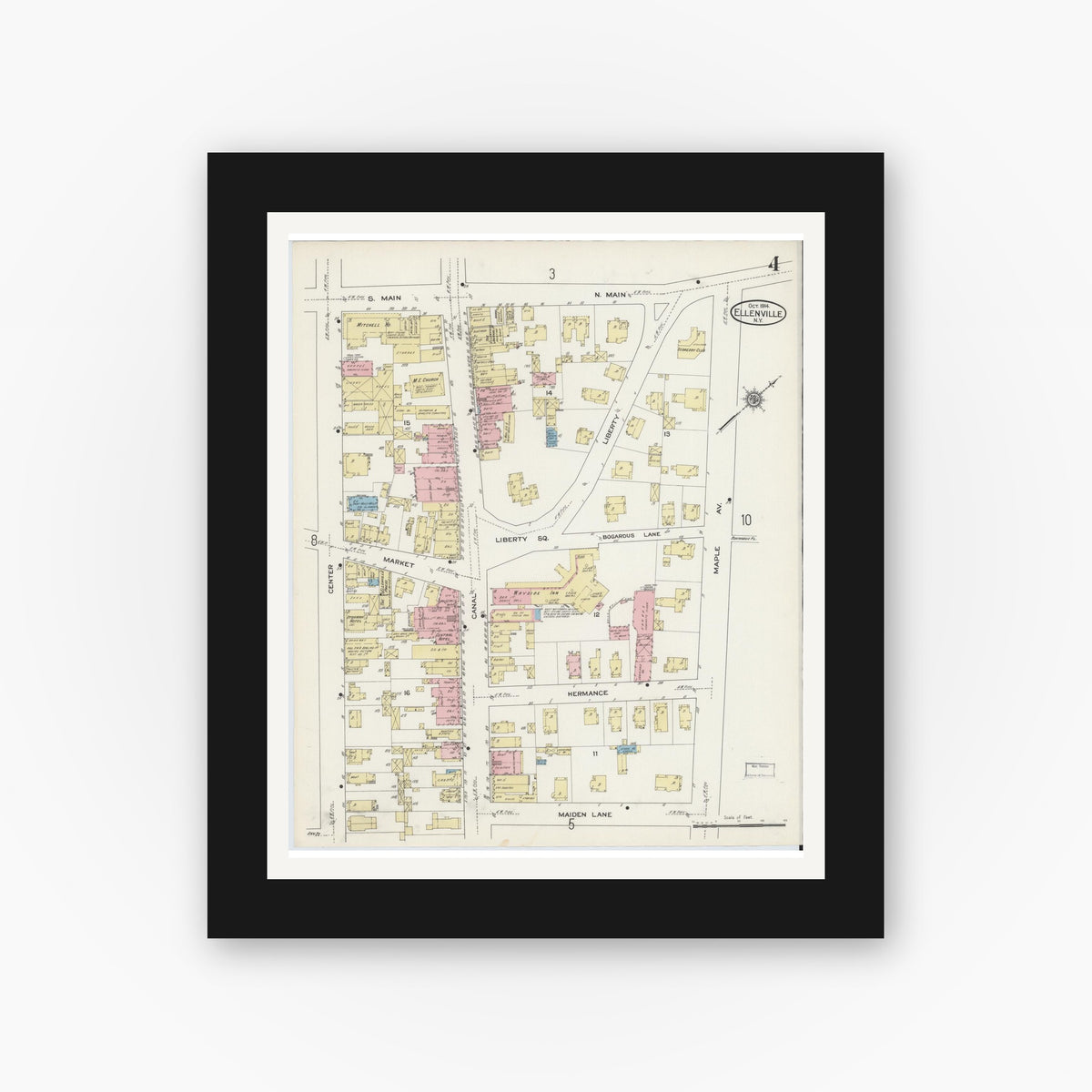 Old map wall art mockup — black gallery frame with white mat — Sanborn Fire Insurance Map from Ellenville, Ulster County, New York (1914), Sheet #0004