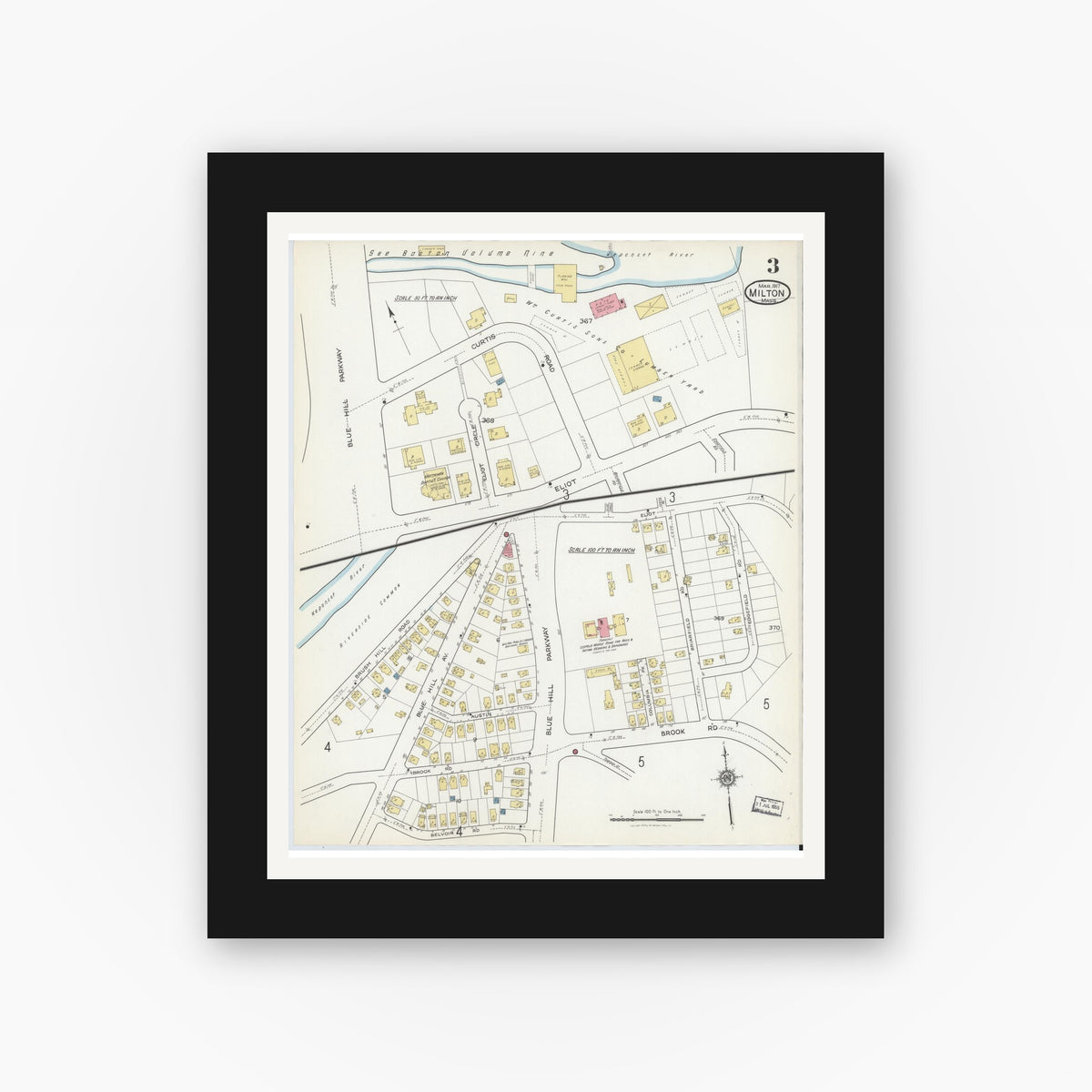 Old map wall art mockup — black gallery frame with white mat — Sanborn Fire Insurance Map from Milton, Norfolk County, Massachusetts (1917), Sheet #0003