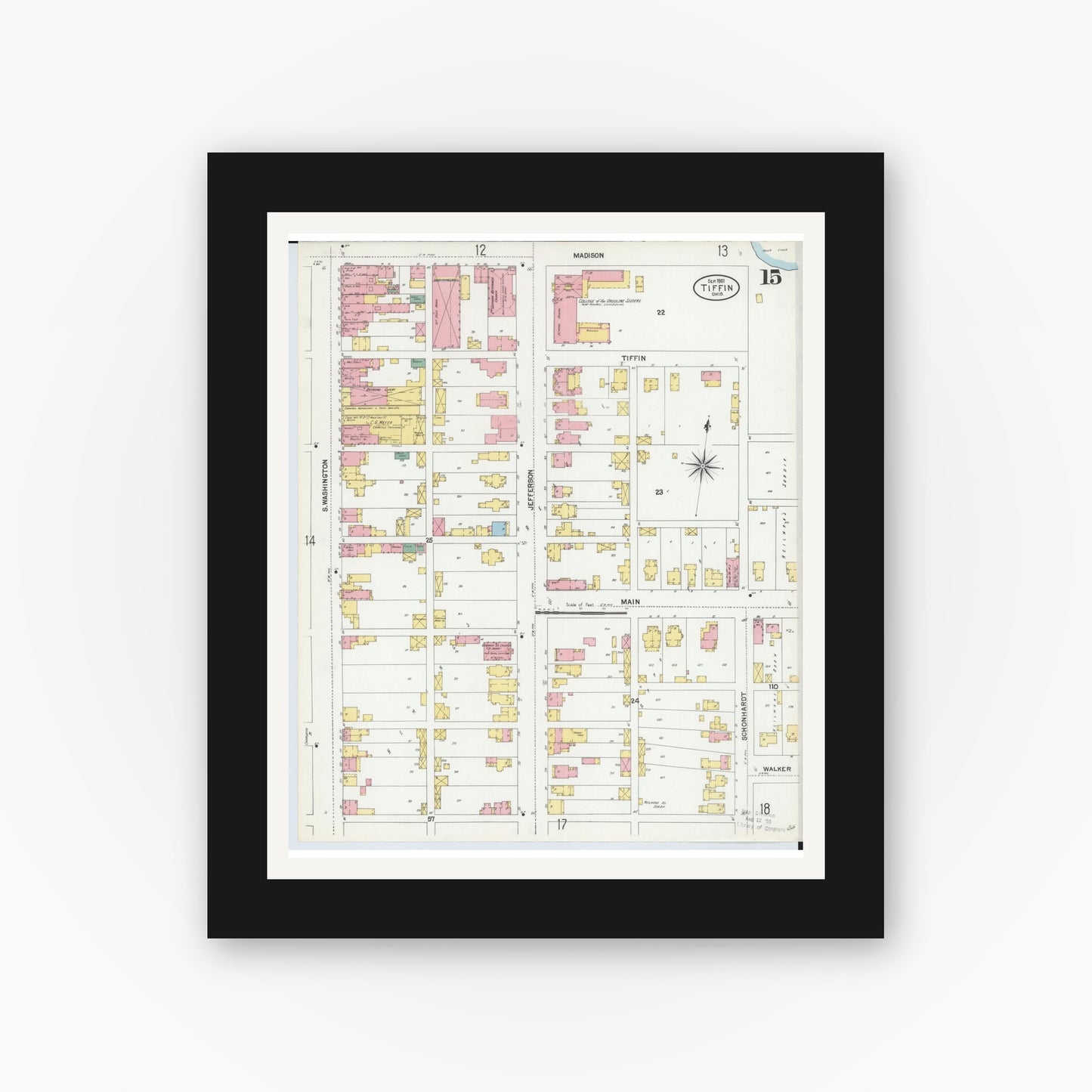 Old map wall art mockup — black gallery frame with white mat — Sanborn Fire Insurance Map from Tiffin, Seneca County, Ohio (1901), Sheet #0015