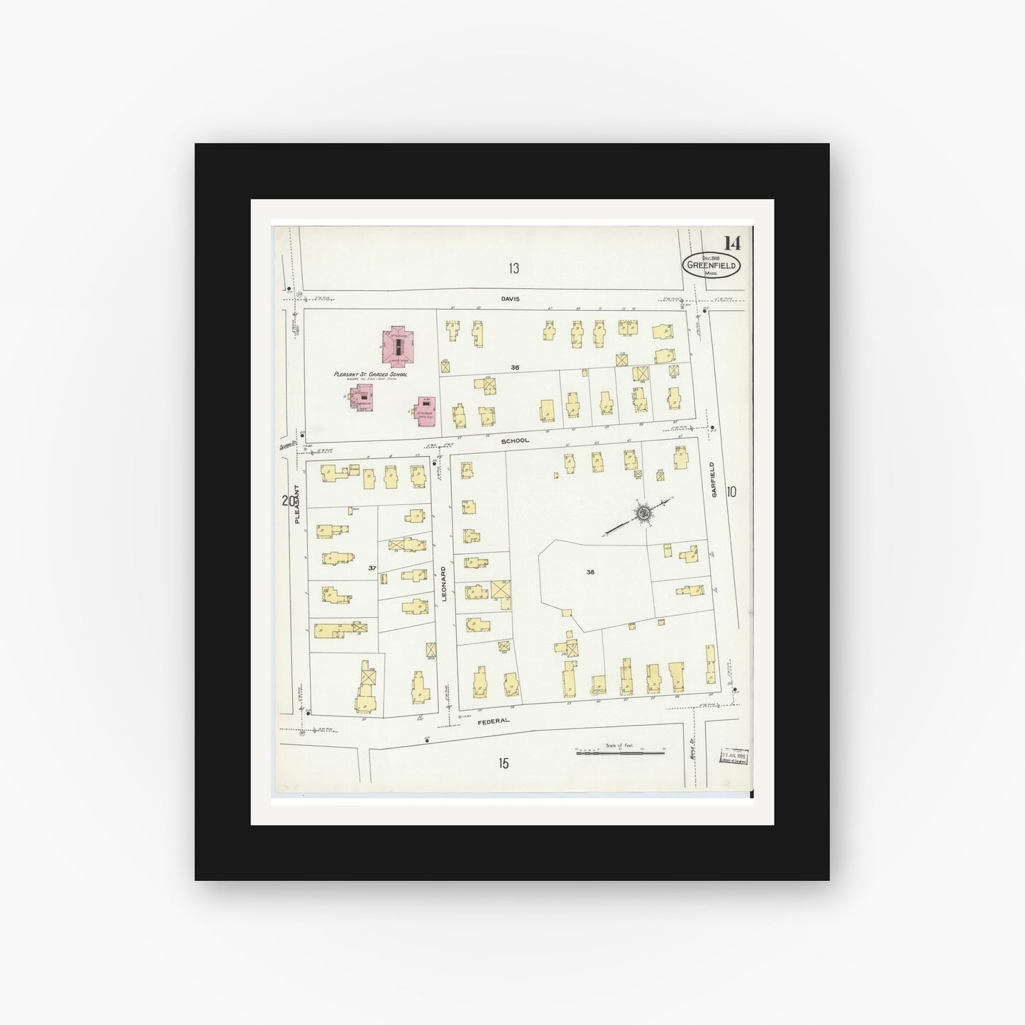 Old map wall art mockup — black gallery frame with white mat — Sanborn Fire Insurance Map from Greenfield, Franklin County, Massachusetts (1909), Sheet #0014