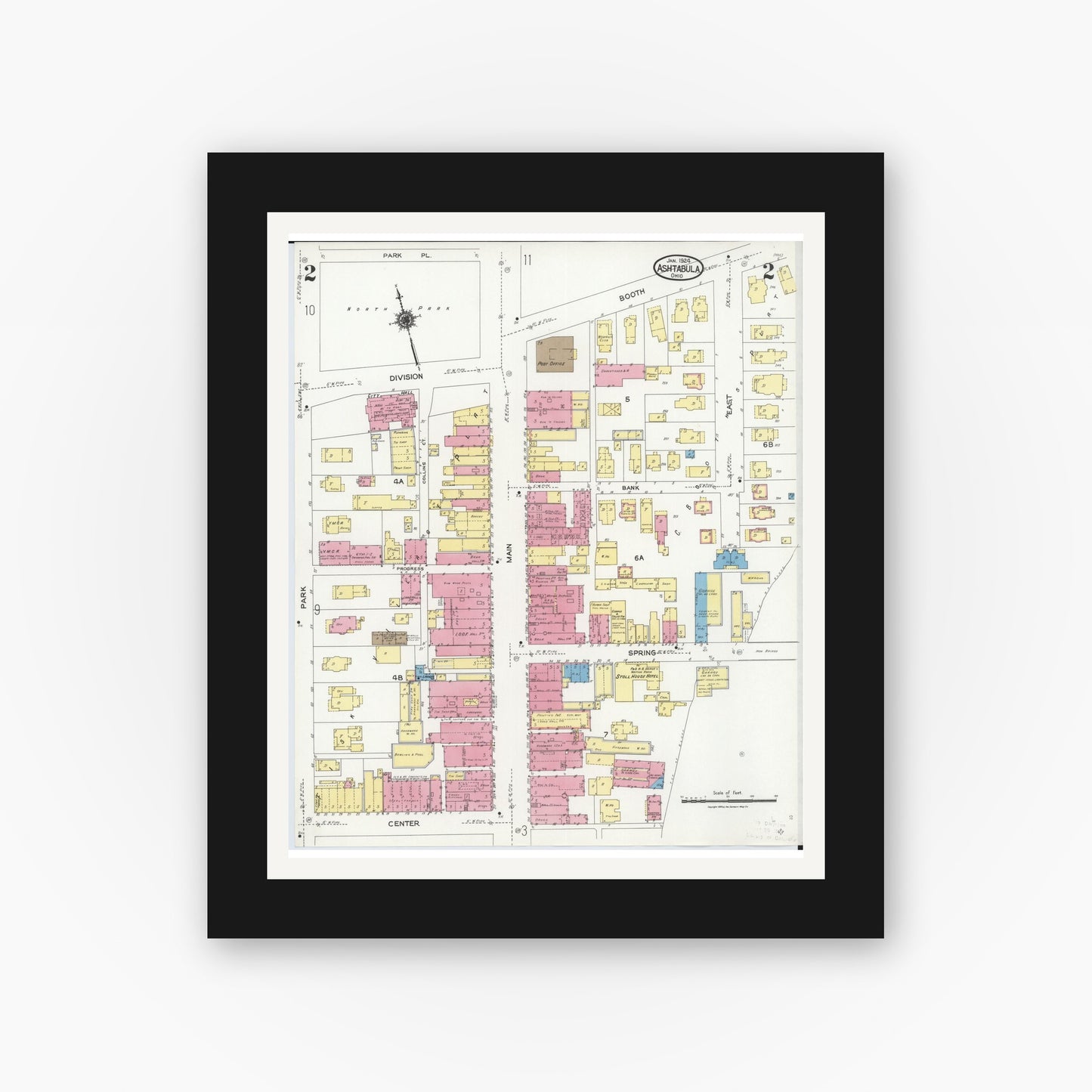 Old map wall art mockup — black gallery frame with white mat — Sanborn Fire Insurance Map from Ashtabula, Ashtabula County, Ohio (1924), Sheet #0002