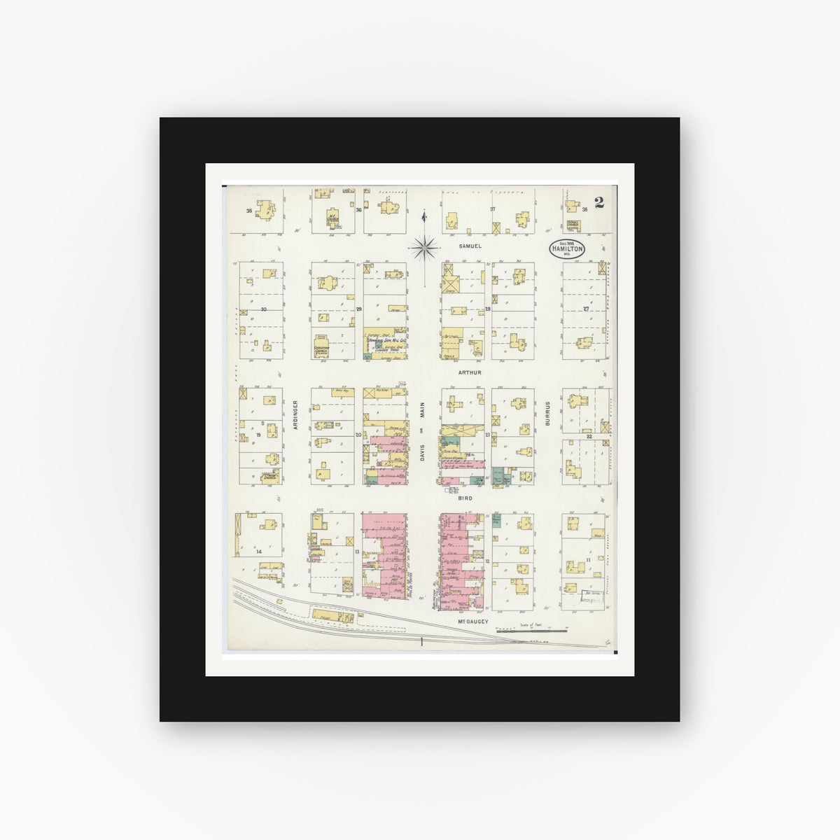 Old map wall art mockup — black gallery frame with white mat — Sanborn Fire Insurance Map from Hamilton, Caldwell County, Missouri (1898), Sheet #0002