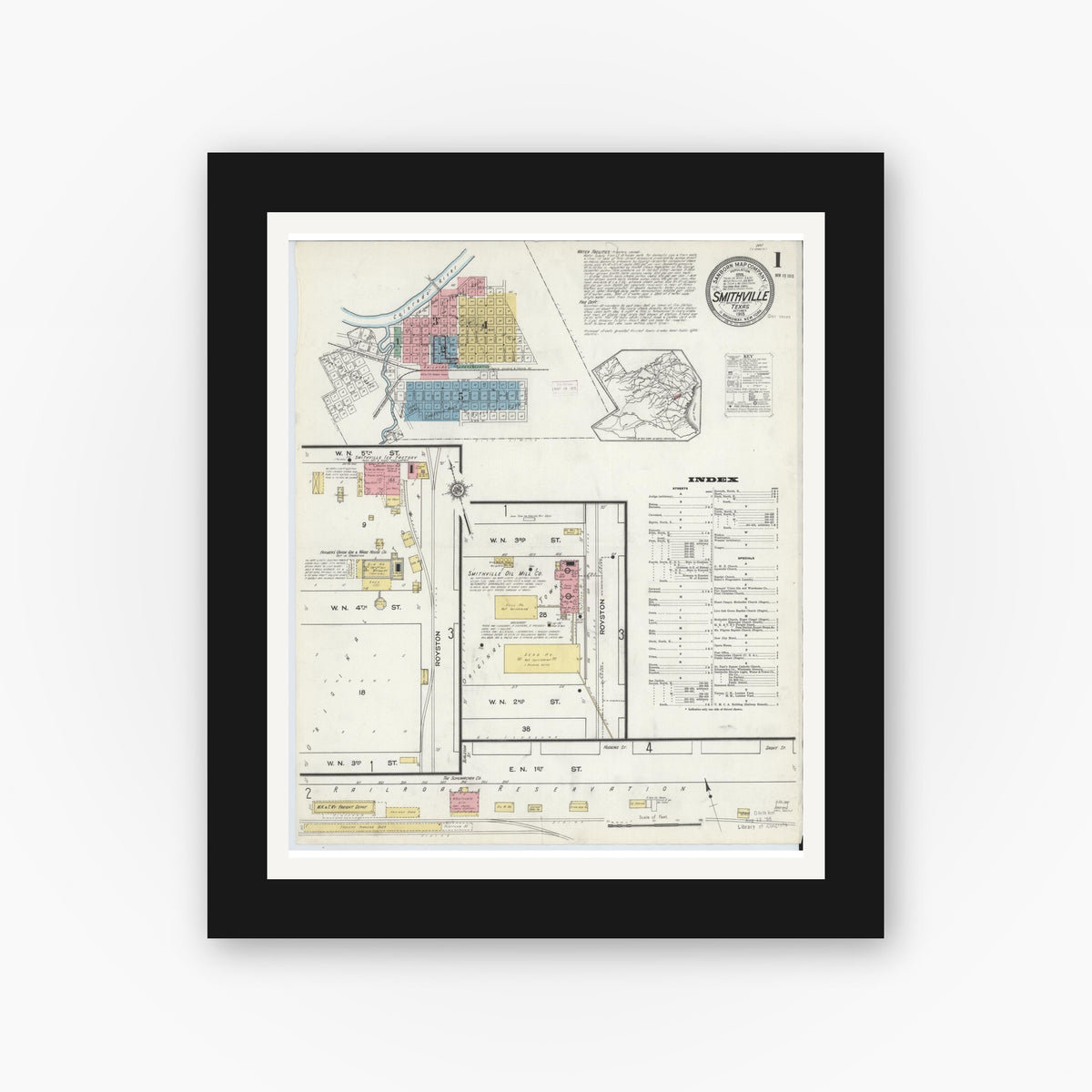 Old map wall art mockup — black gallery frame with white mat — Sanborn Fire Insurance Map from Smithville, Bastrop County, Texas (1915) - Complete Map Set