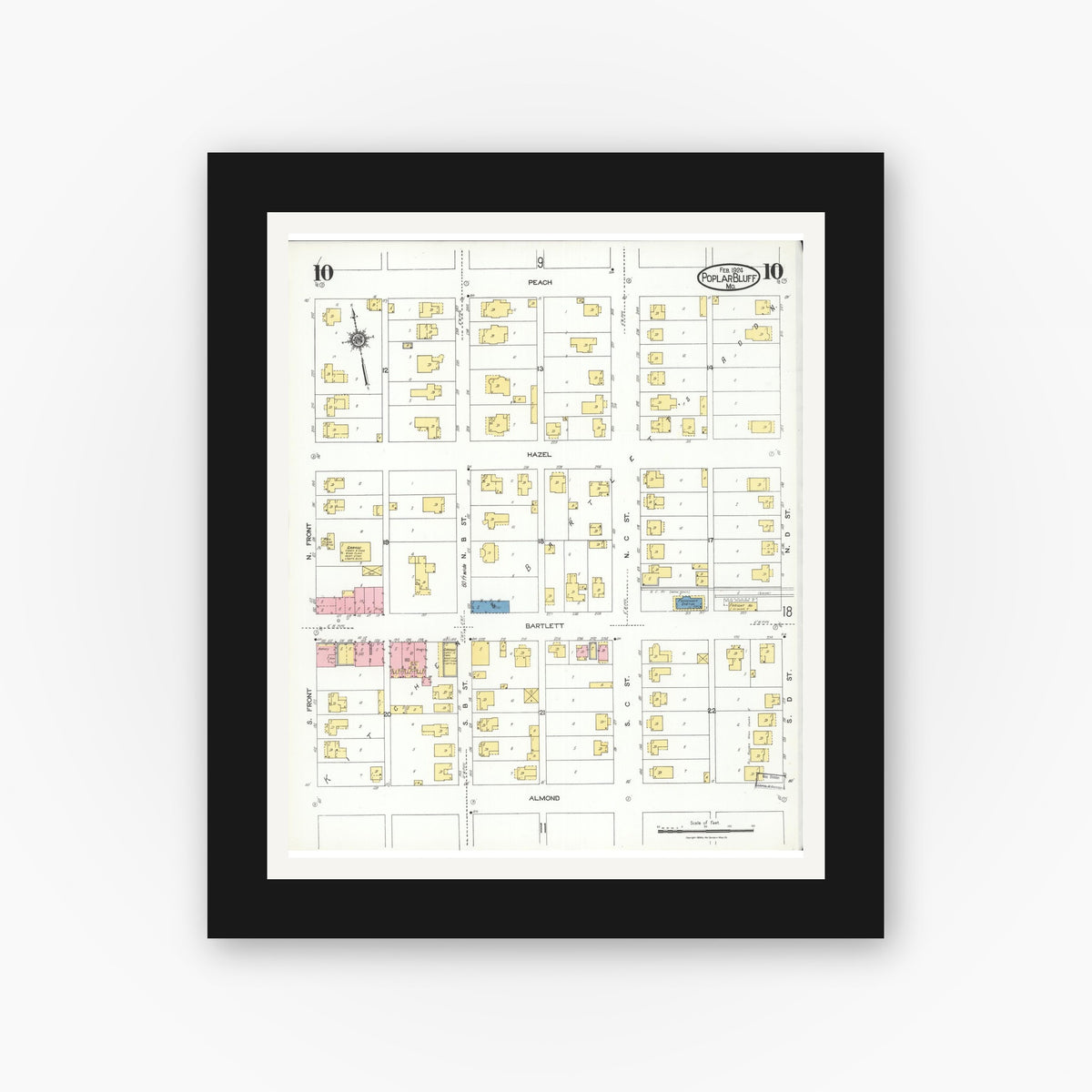 Old map wall art mockup — black gallery frame with white mat — Sanborn Fire Insurance Map from Poplar Bluff, Butler County, Missouri (1924), Sheet #0010