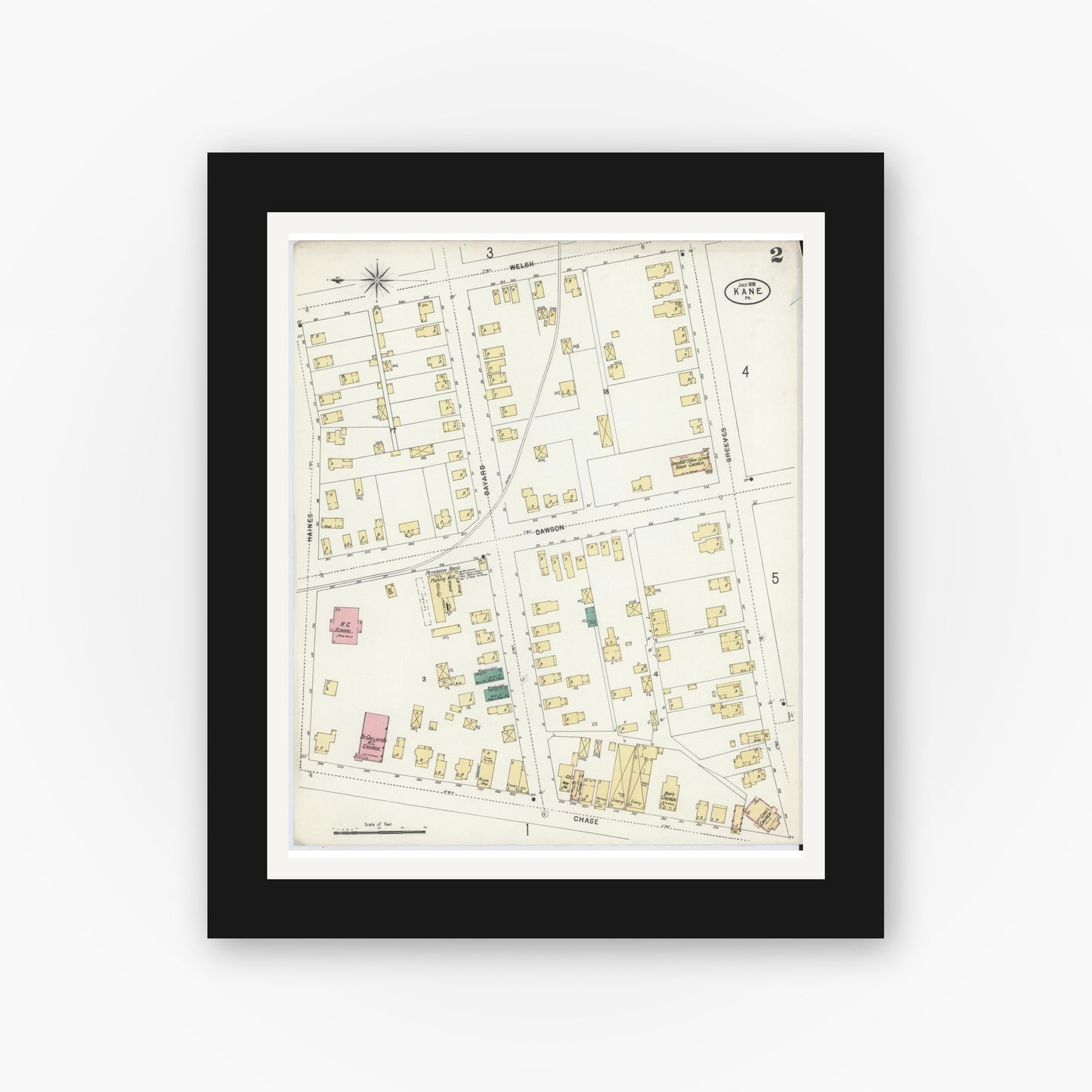 Old map wall art mockup — black gallery frame with white mat — Sanborn Fire Insurance Map from Kane, McKean County, Pennsylvania (1898), Sheet #0002