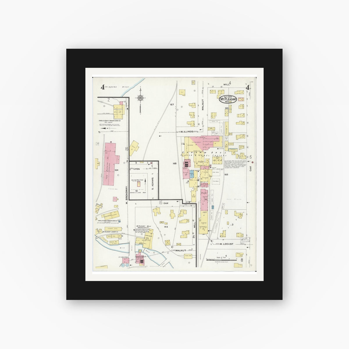 Old map wall art mockup — black gallery frame with white mat — Sanborn Fire Insurance Map from Mount Pleasant, Isabella County, Michigan (1924), Sheet #0004