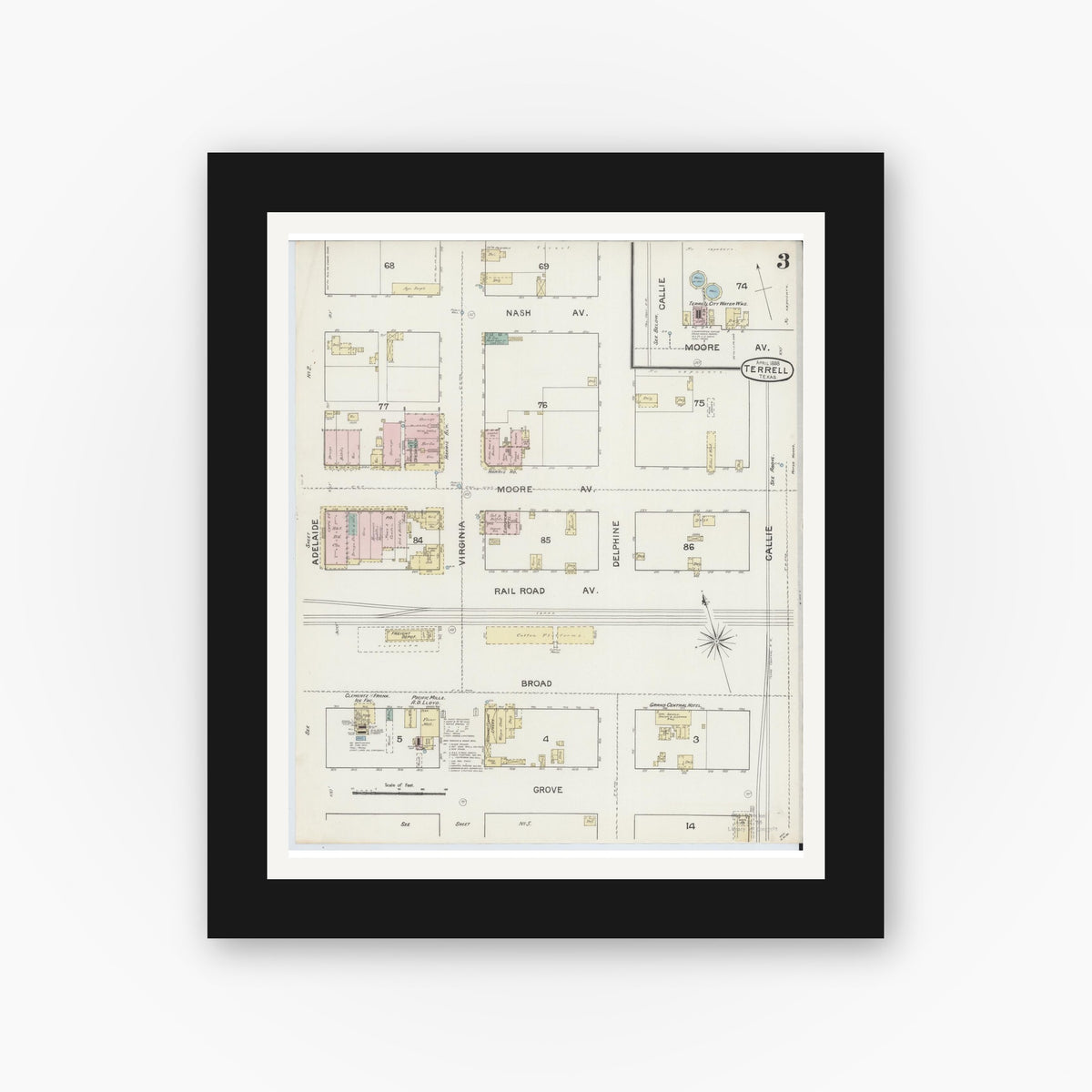 Old map wall art mockup — black gallery frame with white mat — Sanborn Fire Insurance Map from Terrell, Kaufman County, Texas (1888), Sheet #0003