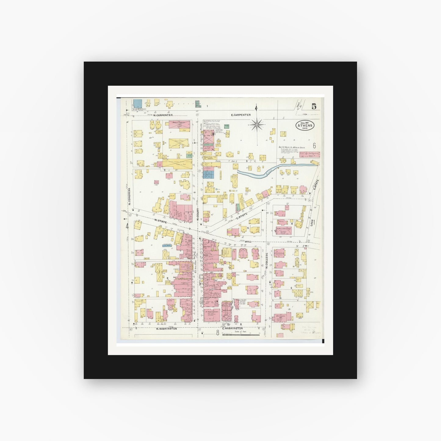 Old map wall art mockup — black gallery frame with white mat — Sanborn Fire Insurance Map from Athens, Athens County, Ohio (1907), Sheet #0005