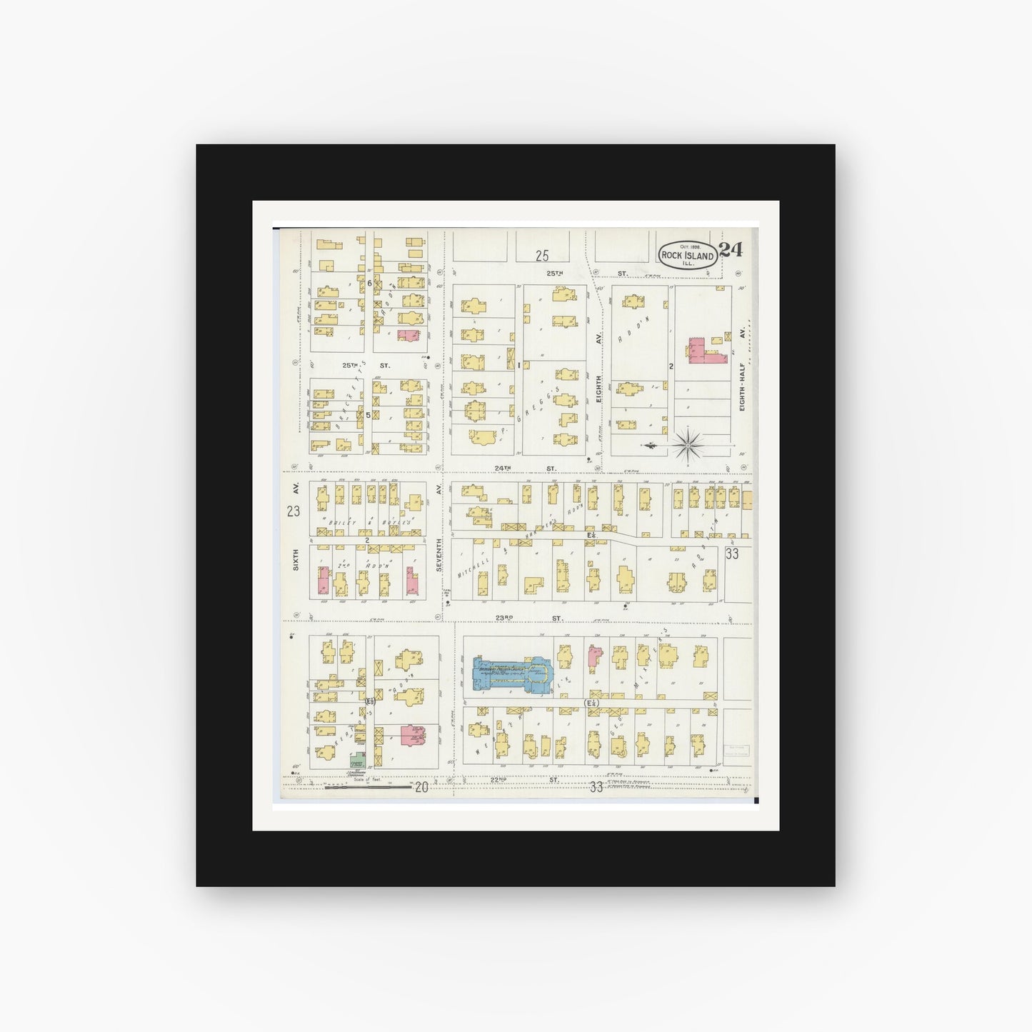 Old map wall art mockup — black gallery frame with white mat — Sanborn Fire Insurance Map from Rock Island, Rock Island County, Illinois (1898), Sheet #0024